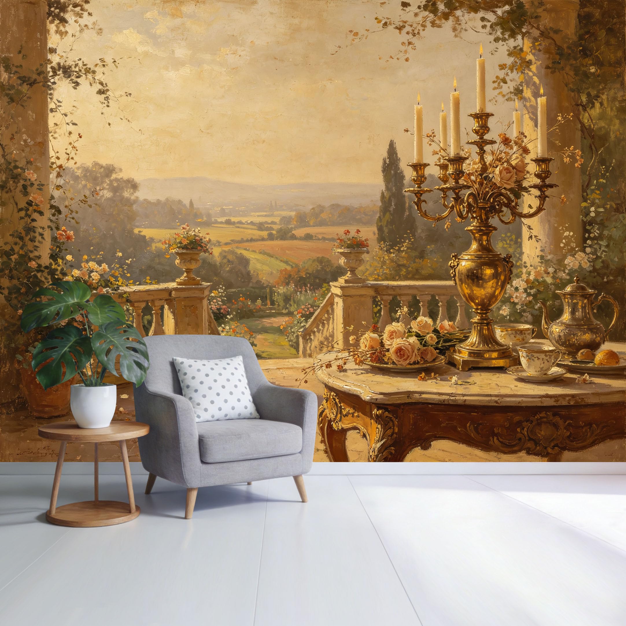 Custom Size Wall Mural Romantic Countryside Terrace Golden Candleholder Vintage Landscape SelfAdhesive Wall Fabric Removable Wallpaper for Home Office Decor