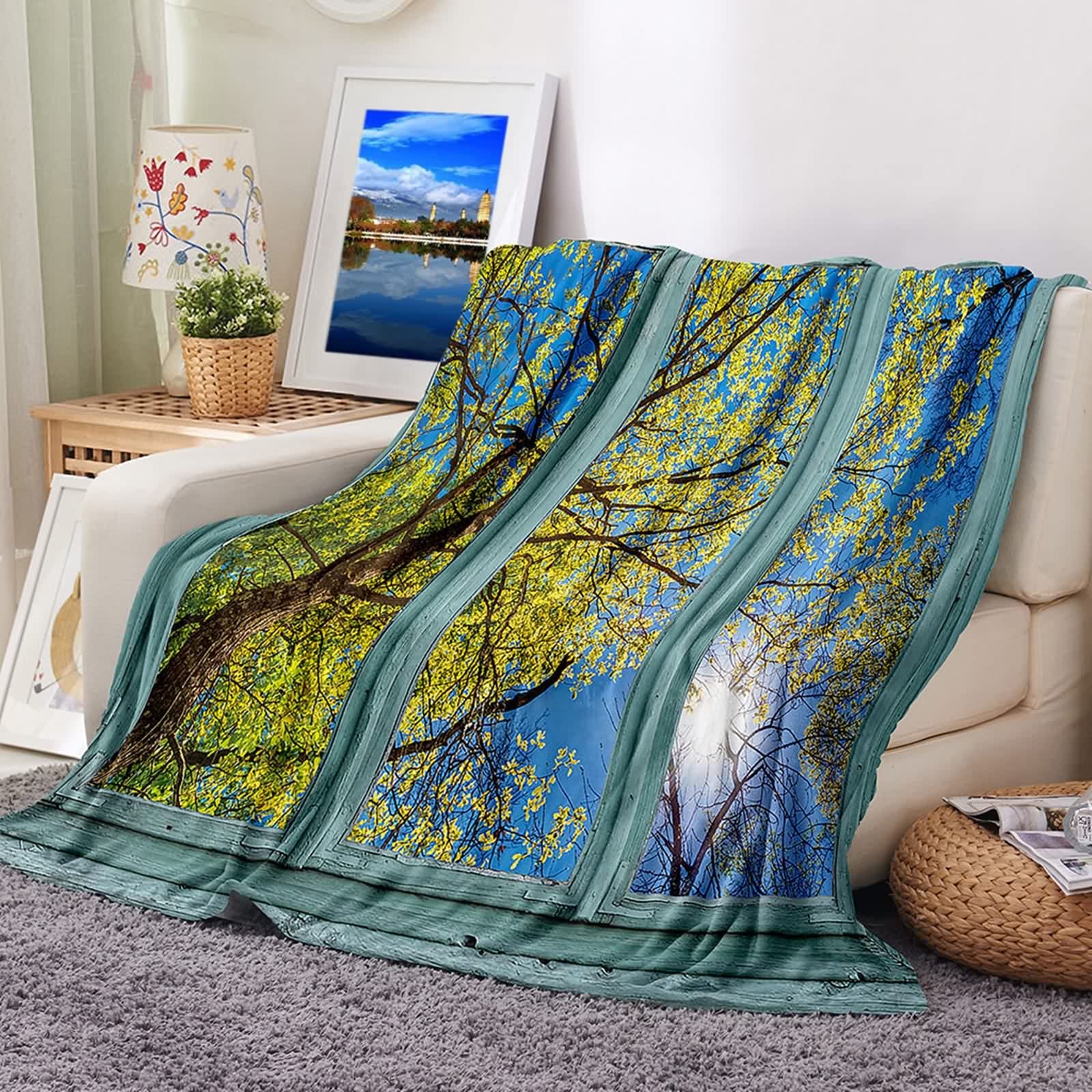 Plaid couverture polaire KnSam douce jeté de canapé flanelle ginkgo bleu