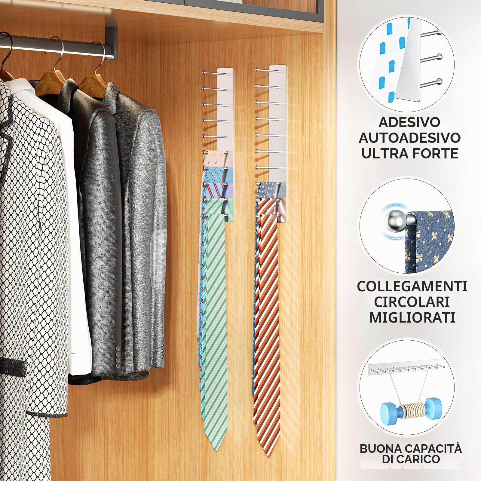 Porta Cravatte, Portacravatte per Armadio in Acciaio Inox, Portacravatte Adesivo per Uomo con 20 Ganci, Portacravatte da Parete per Camera da Letto, Soggiorno, Cassettiera, Argento