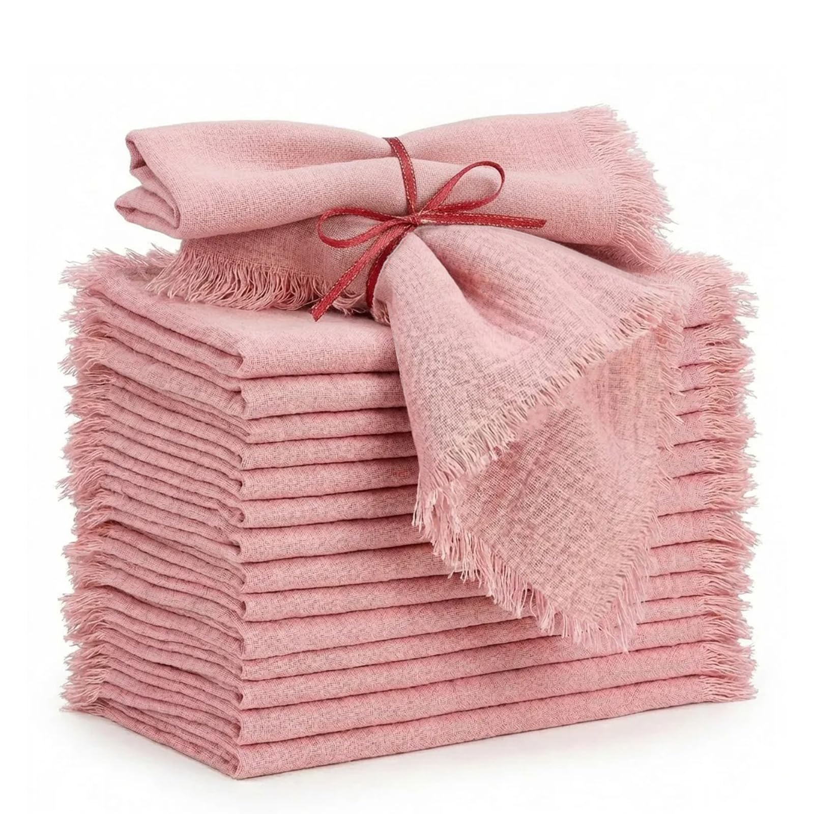 Photo 1 of 16 Pcs Cotton Linen Cloth Napkin Handmade Cloth Napkin with Fringe 17 x 16.54 Inch Soft Dinner Wedding Napkins Square Rustic Fringe Table Napkins for Dinners, Parties, Weddings, Dusty Pink