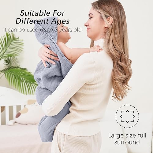 Miniatura 4 de SWEET DOLPHIN - Paquete de 2 toallas de baño de muselina con capucha para bebé, 100% algodón, para recién nacidos, bebés y niños pequeños, 32 x 32