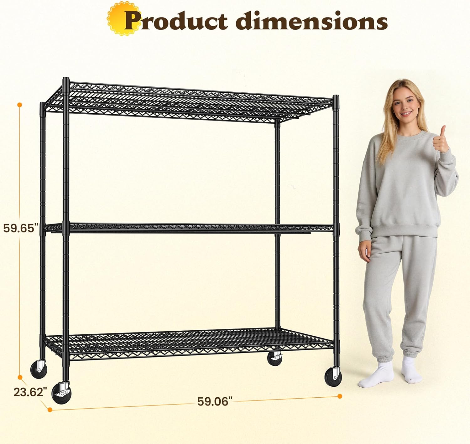 Heavy Duty Shelving,59.65" H Garage Shelving with Wheels,3 Tier Adjustable Metal Storage Rack,59.06" W x 23.63" D x 59.65" H Rolling Garage Shelves for Kitchen,Pantry,Warehouse,Black