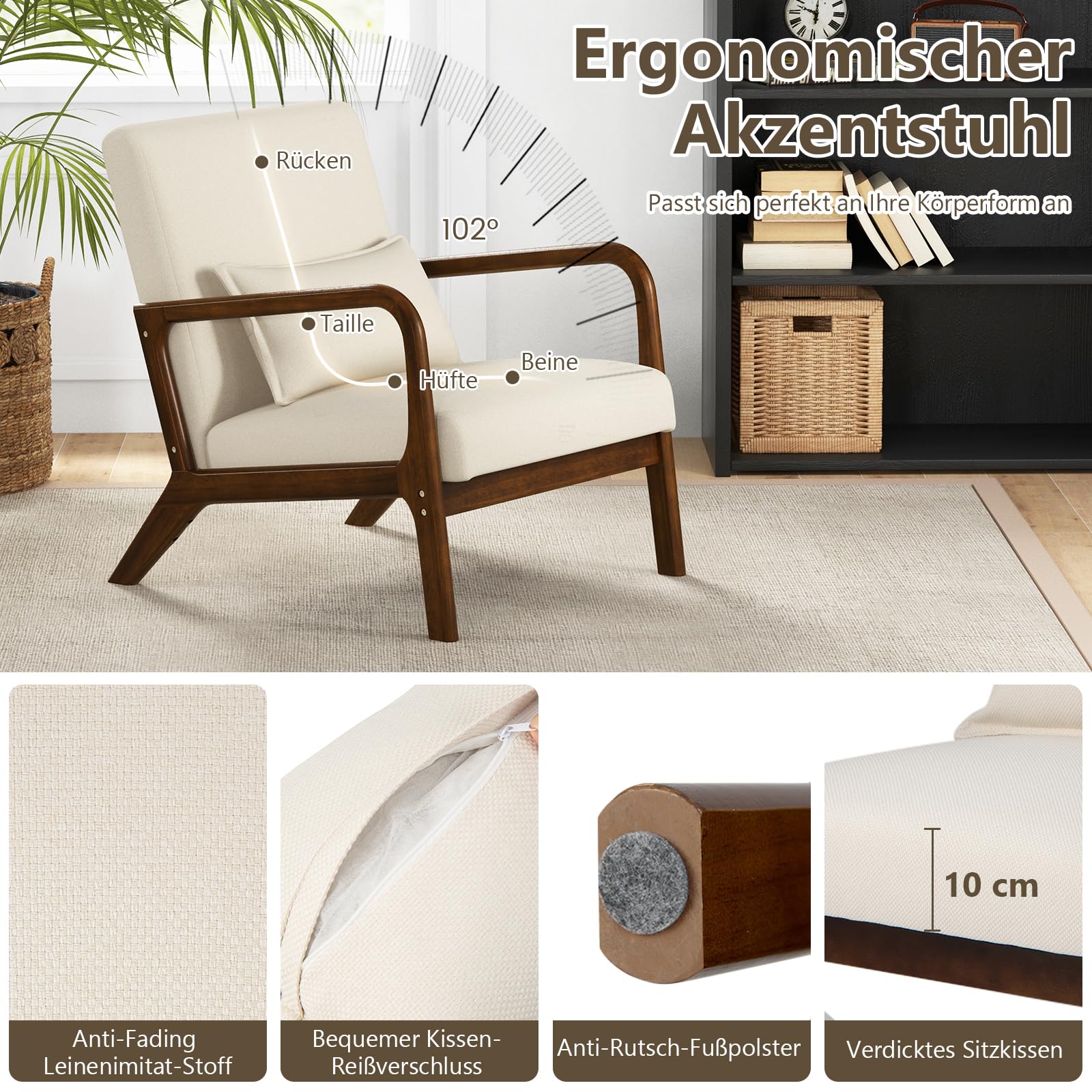 GIANTEX Mid Century Accent Chair, Innere Freizeit Stuhl mit gepolstertem Sitz & Rücken, gepolstert Gummi Holz Sessel mit Lendenkissen, Lounge Stuhl für Schlafzimmer (Beige)