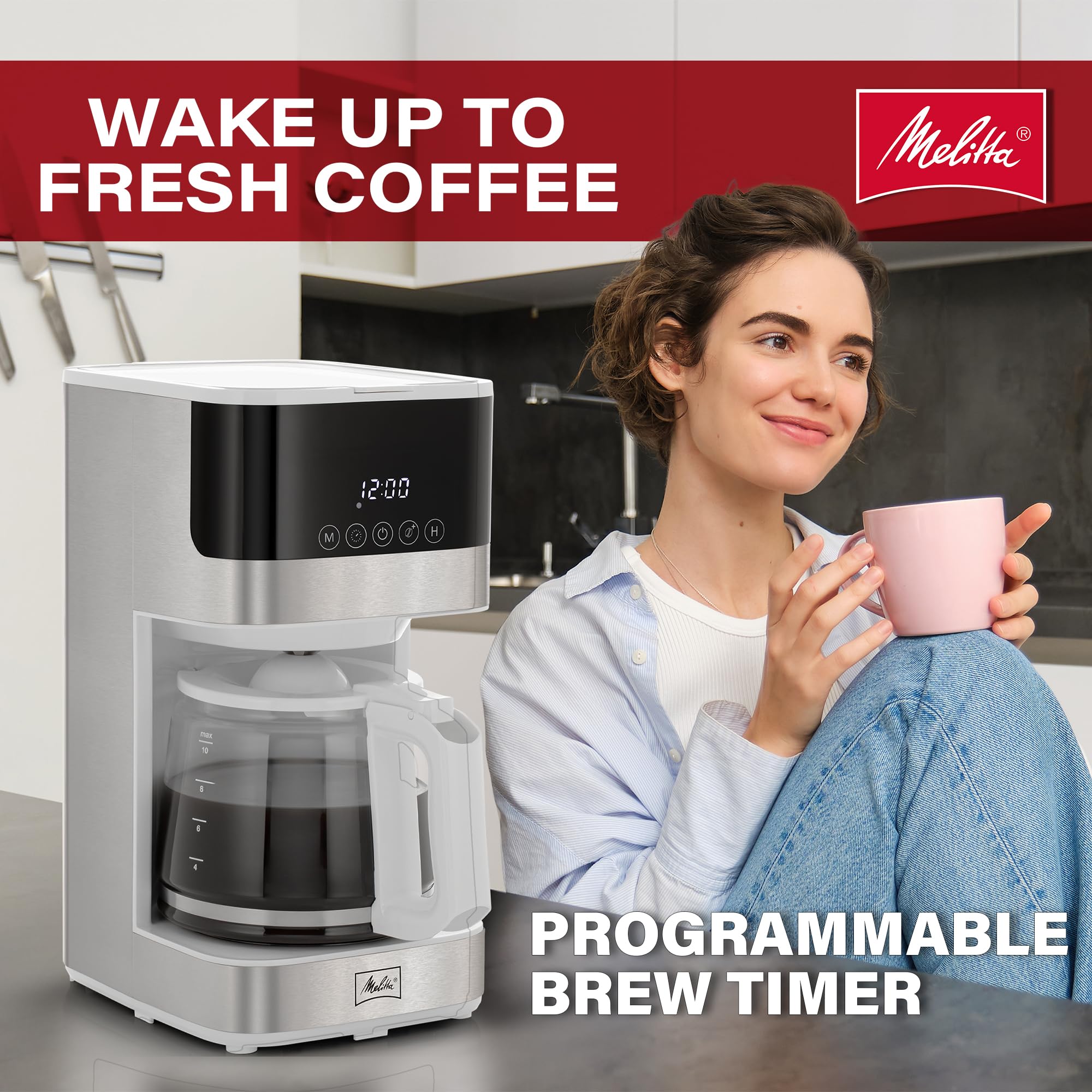 Melitta Aroma Tocco Glass 10-Cup Drip Coffee Maker, White | Automatic and Programmable, Auto Shut Off, Touch Control Panel, Stainless Steel Accented, with 5-Packed Coffee Filter