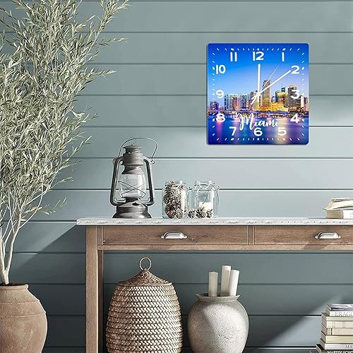 Miniatura 8 de Reloj de pared American Florida State Miami City Skyline Paisaje urbano Vista de la ciudad Reloj clásico de madera sin tictac funciona con pilas,