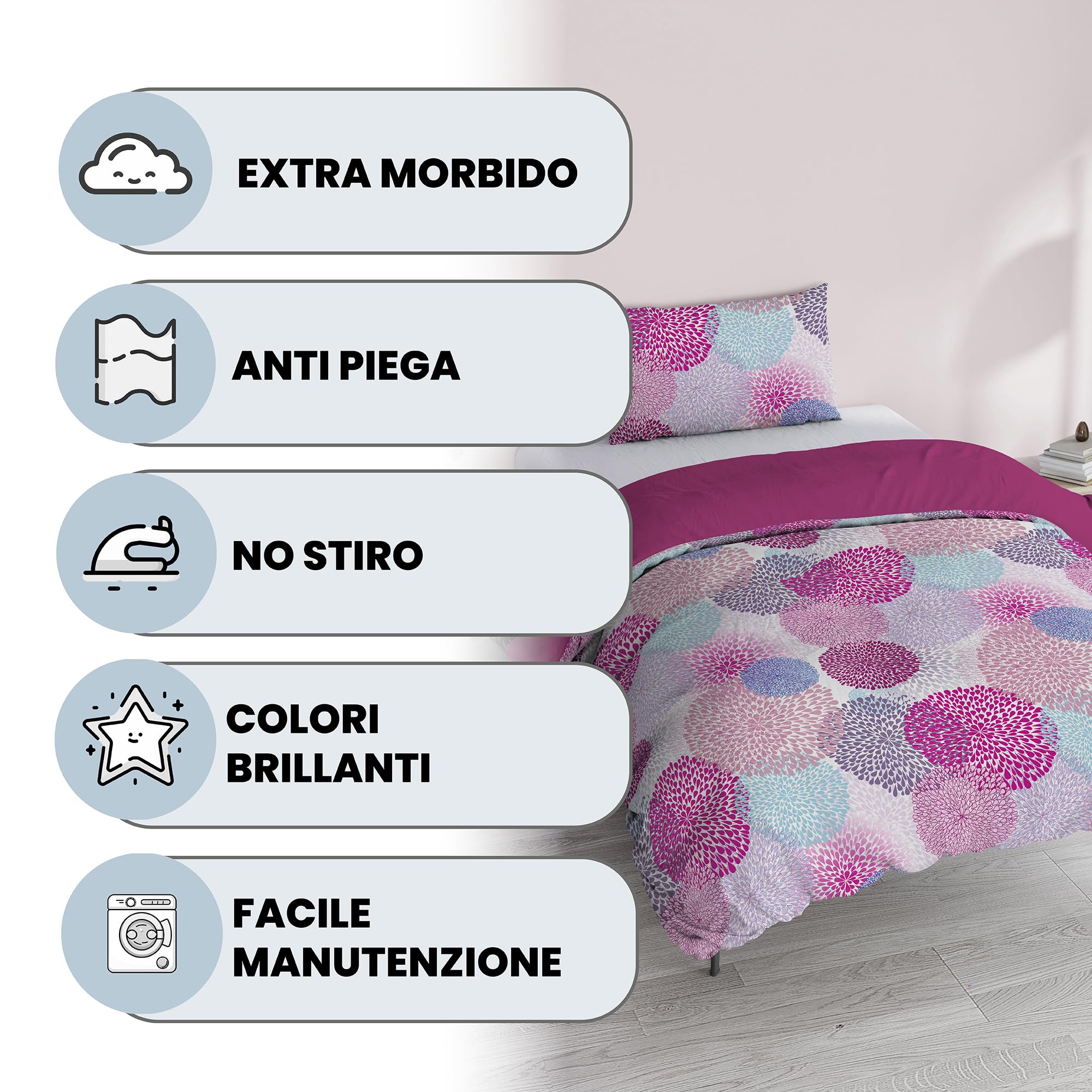 Parure Copripiumino NO STIRO FANTASY - prodotto in Italia - Set Copripiumino - Letto Piazza e Mezza, Microfibra - Sacco 200x200 cm + Patella e Federa 50x80 cm - Soffioni