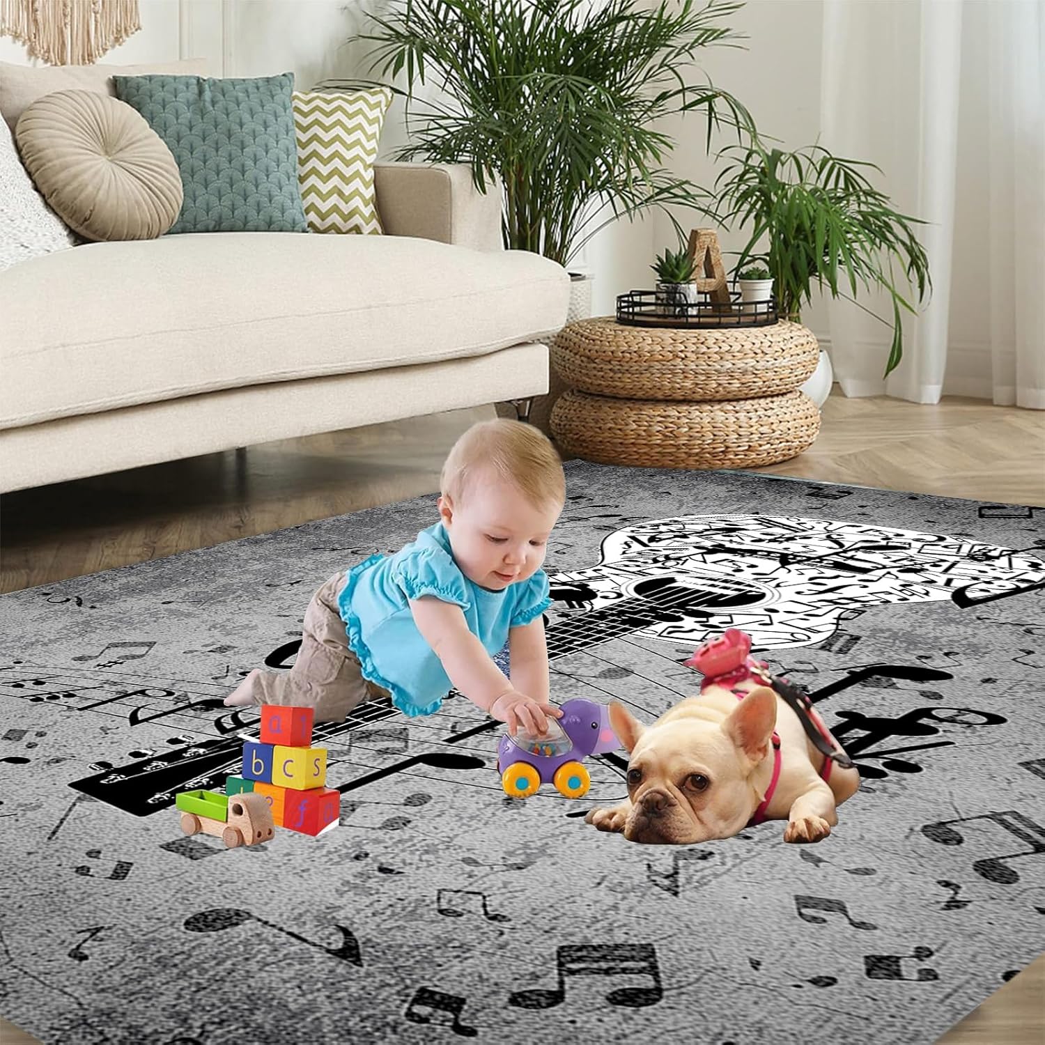 Music Musical Note Area Rug, 6x8ft, Gray Guitar Bass Home Decor Carpet, Soft Durable Fade Resistant Machine Washable Carpets, with Non Slip Backing Non Slip Rugs for Family Living Room