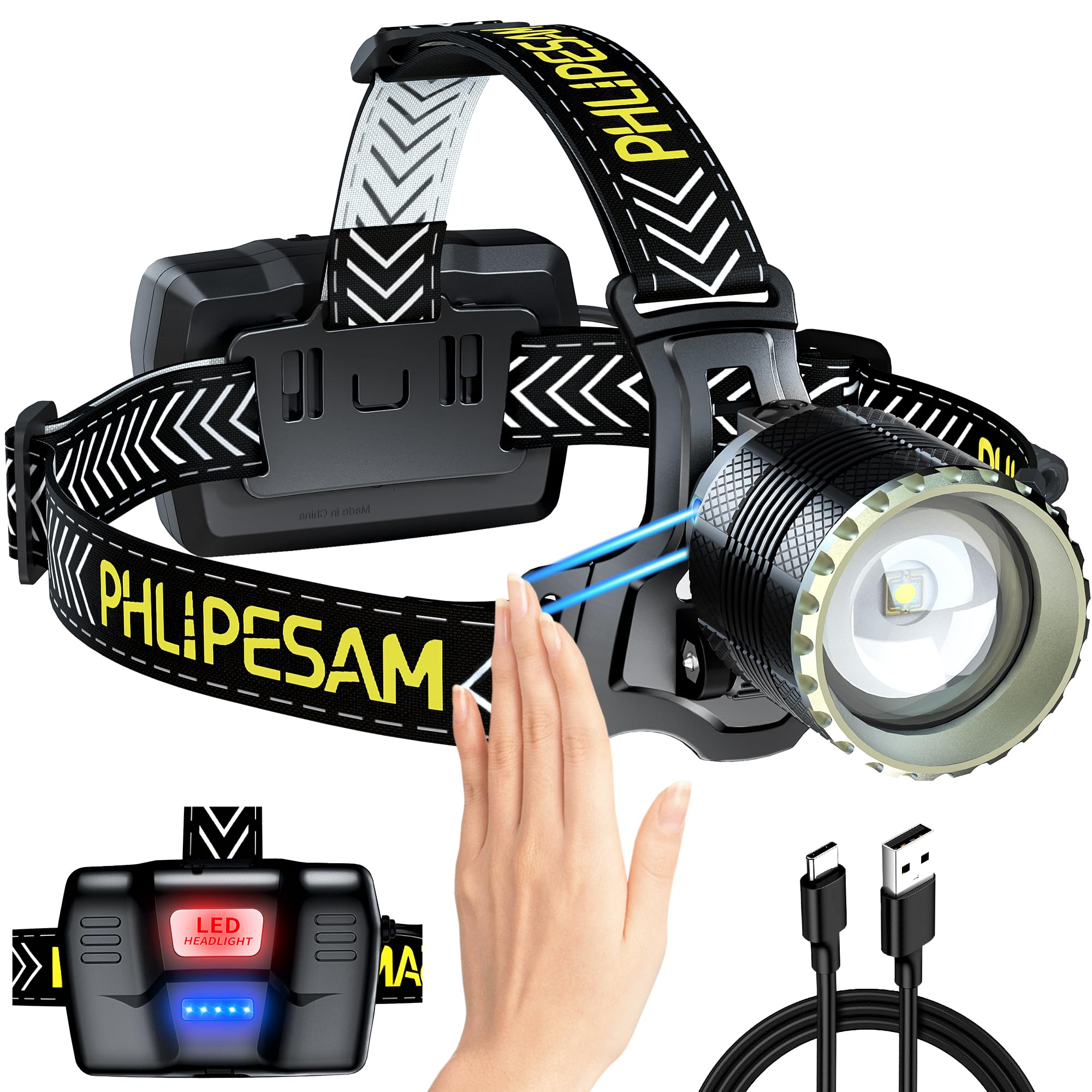 LED Rechargeable Headlamp high Lumen with Motion Sensor, Zoomable Bright Headlamp for Adults, IP68 Waterproof, 115° Adjustable Head Lights for Forehead, High Power for Camping, Hiking, Hard Hat