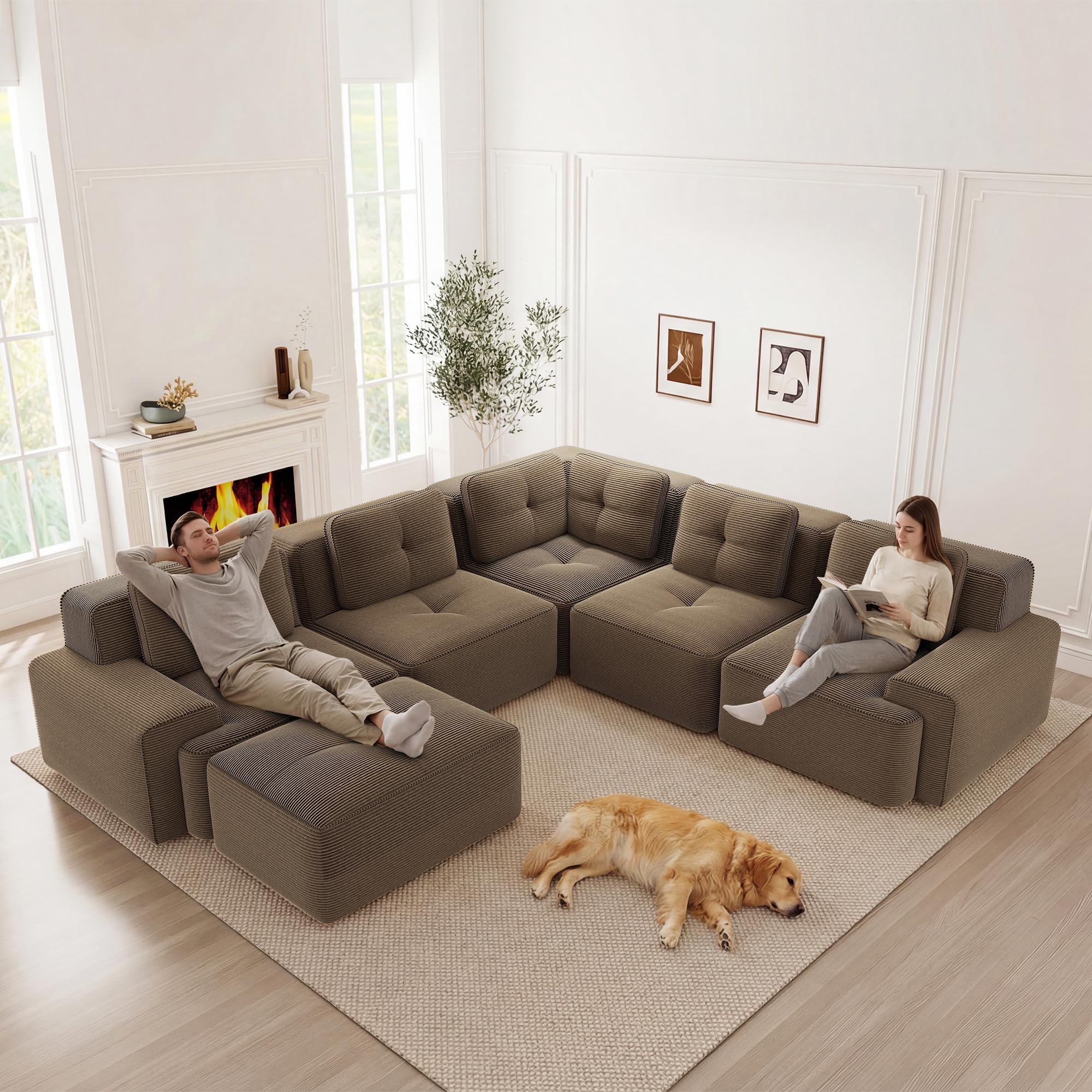 Modulares Ecksofa aus Cord, Rahmenloses Sofa mit Höhere Rückenlehne, Tiefsitzer Wohnlandschaft, Frei Kombinierbares Sofa, Kein Aufbau Erforderlich Braun 5-Sitzer