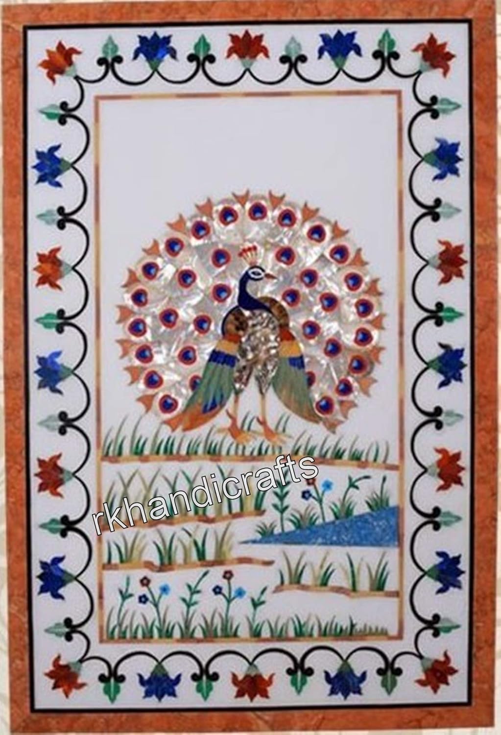 Rectangle Marble Dining Table Top with Royal Look | 18 x 36 Inches Peacock Art Inlay Meeting Table | Antique Wall Highlighter for Entryway Decor