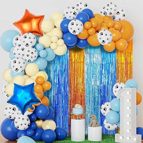 Miniatura 4 de Suministros para fiesta de cumpleaños de perro azul, cortinas de flecos de papel de aluminio de perro azul, 2 paquetes de serpentinas metálicas de
