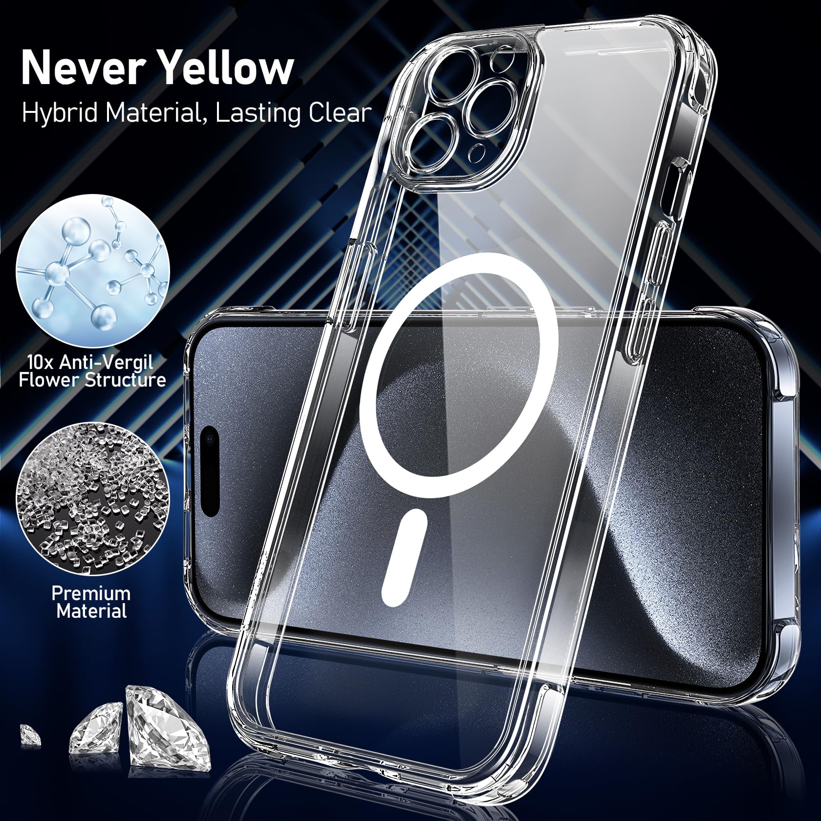 Custodia Magnetica Qasyfanc Per IPhone 15 Pro Max – Cover Trasparente Antiurto Con Protezione Fotocamera, Compatibile MagSafe, Ricarica Wireless