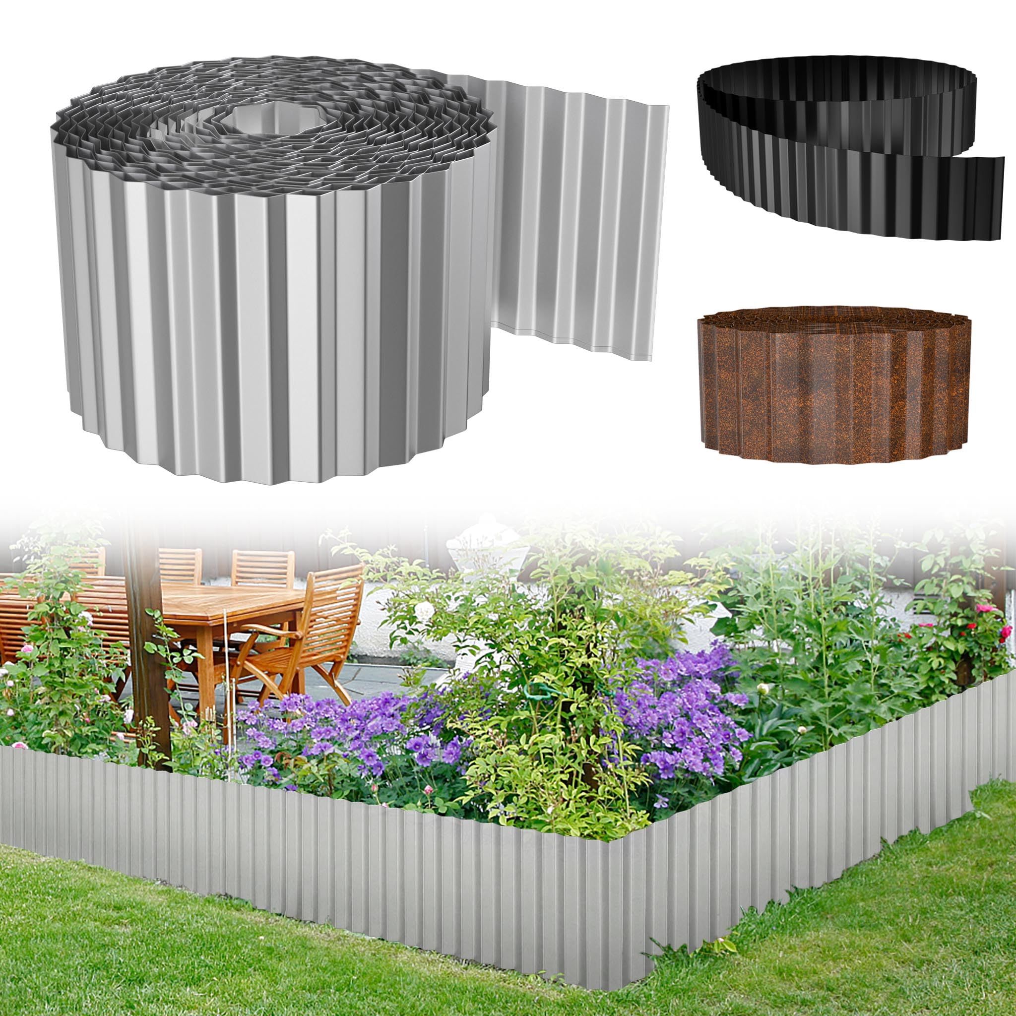 Yunvin Metal Edging Border, Garden Lawn Bed Border, Flexible Landscape Fence, Easy to Installation for Flowerbeds, Pathways, Yard, 10m x 15cm (LxH) Silver