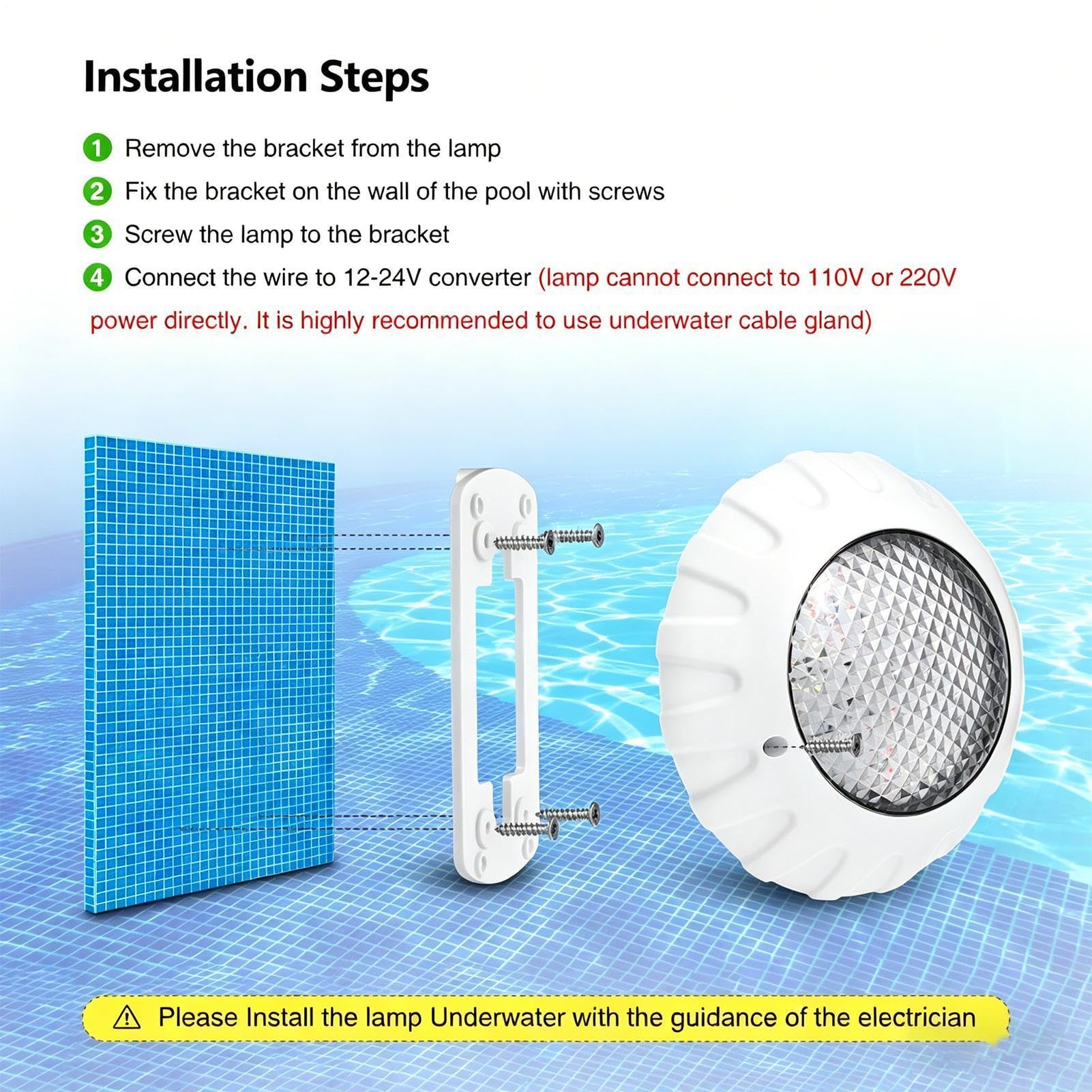 Generico Luce Piscina 6500K IP68 Impermeabile | per Piscina da Nuoto per Idromassaggio Spa Bagno Doccia Feste Notturne Fontana Giardino e Laghetto