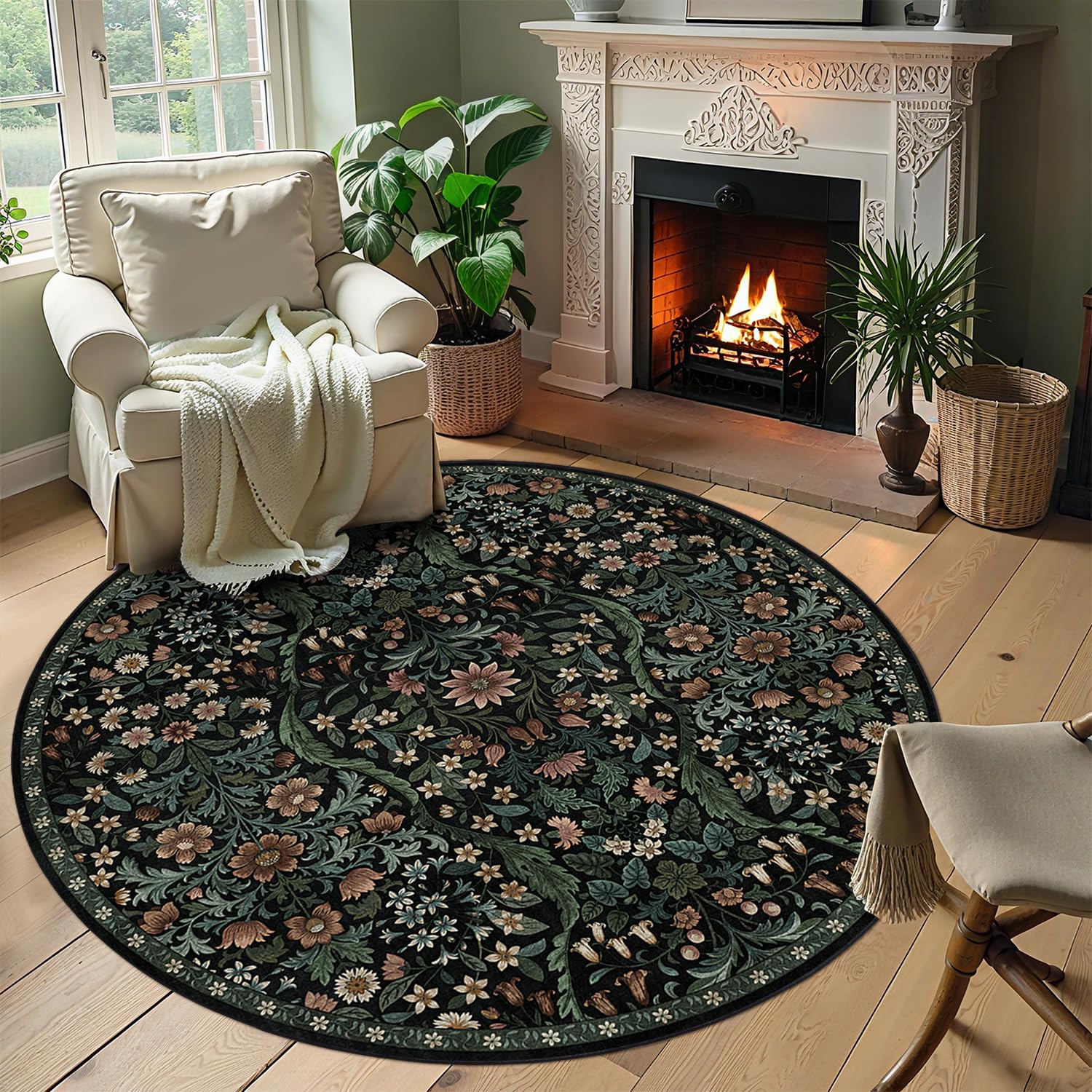 Round Rug 6ft Black Washable Floral Circle Rug,Vintage Boho Botanical Round Area Rugs, Non-Slip Soft Low-Pile Circular Carpet for Bedroom,Kids Room,College Dorm,Home Decor — image 1