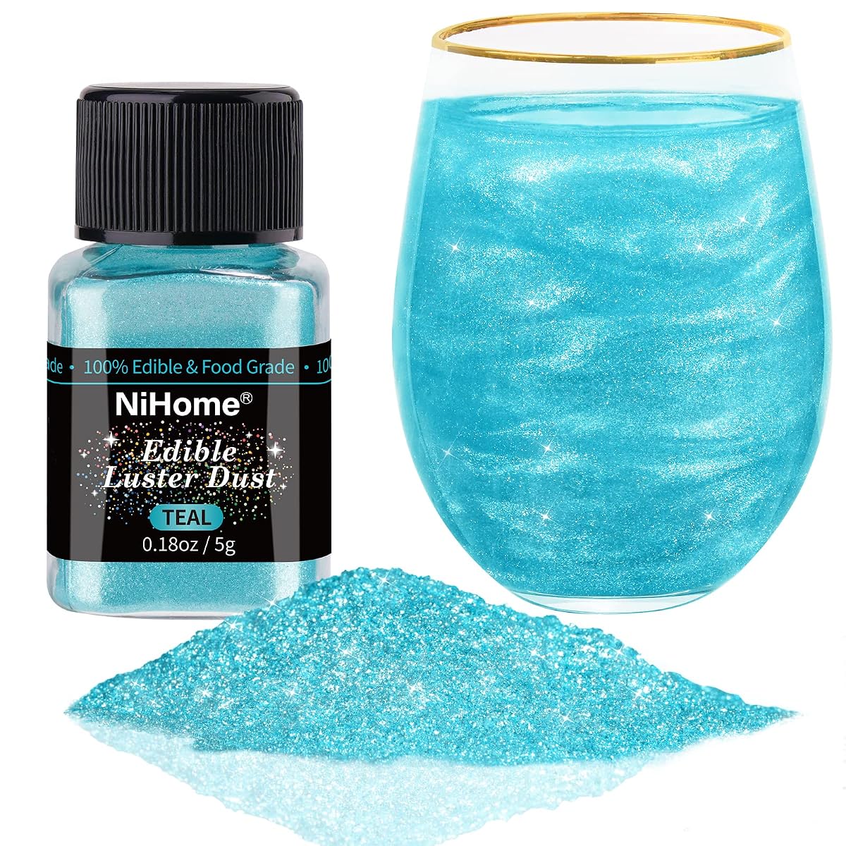 NiHome Edible Glitter Powder Luster Dust, Teal, 5g, Vegan