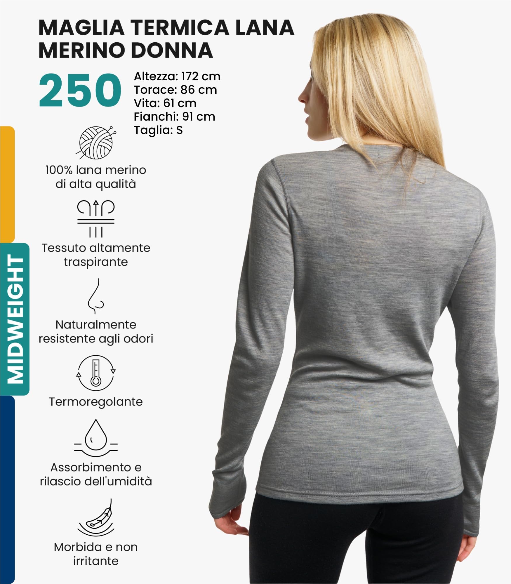 Merino.tech Maglia Termica Donna Lana Merinos - 100% Lana Merino Intimo Donna Leggero, Medio, Pesante con Calzini