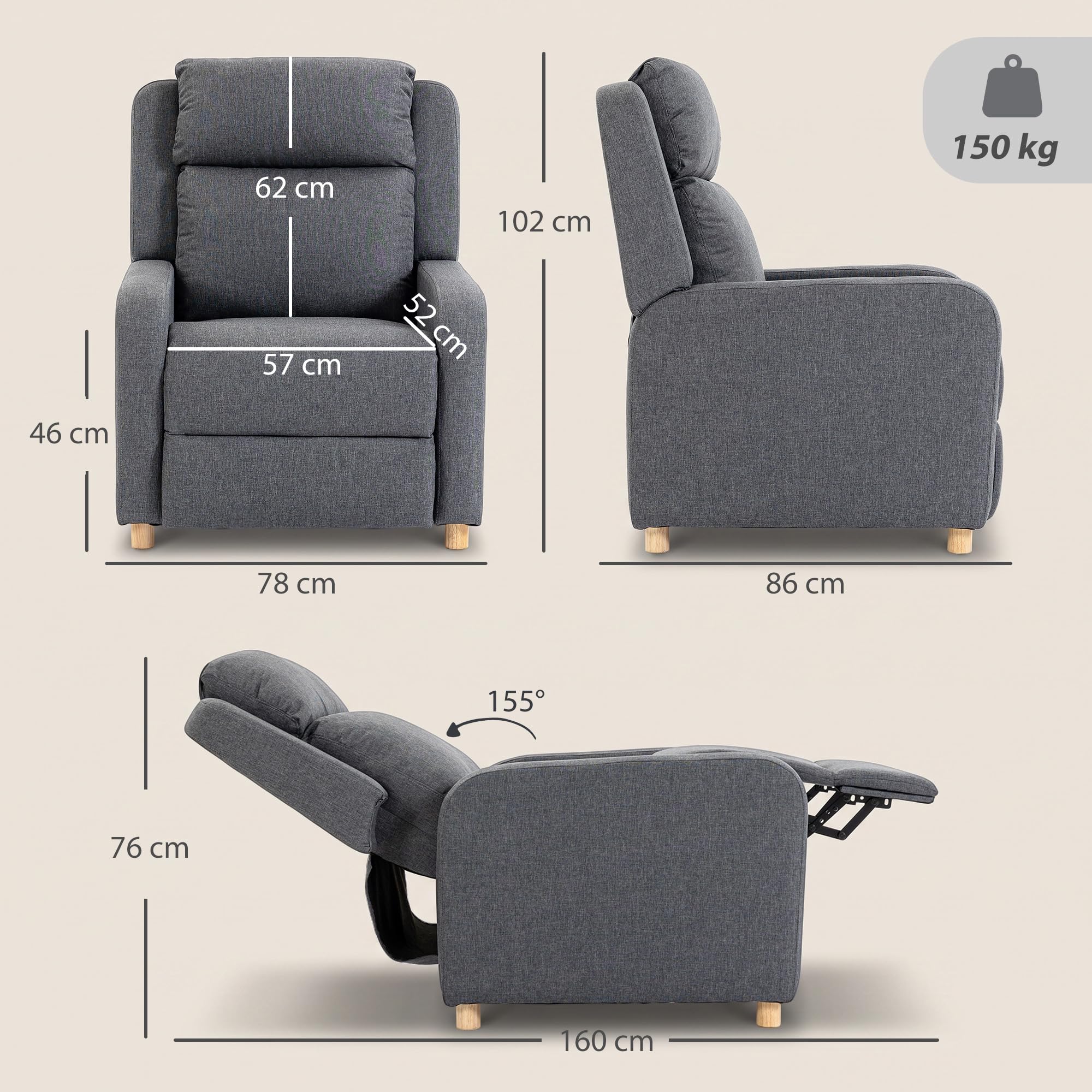 HOMCOM Sillón Relax Reclinable, Sillón Reclinable Manual, Gris Oscuro