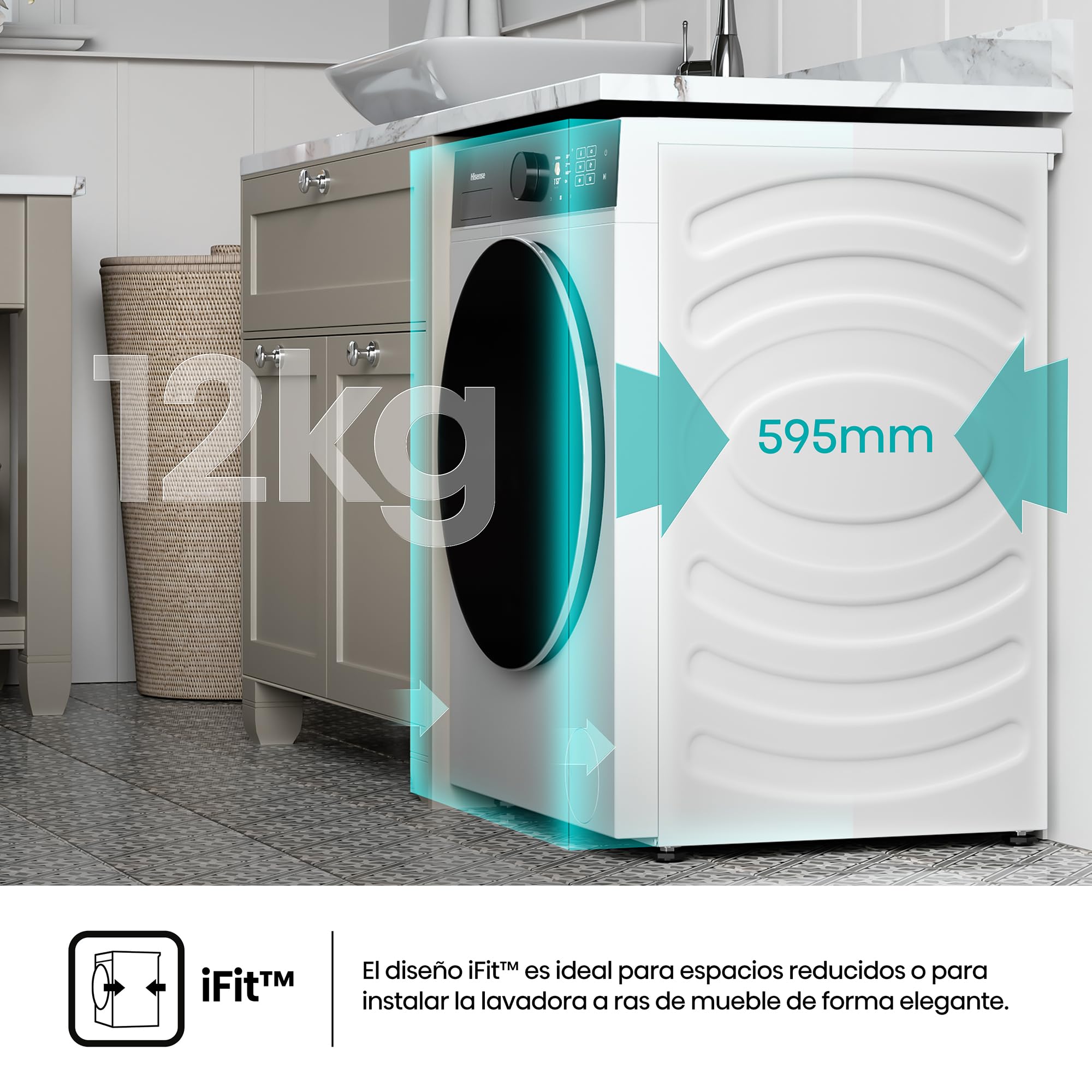 Hisense WF5I1245BWR - Lavadora 12 Kg, Clase A-40%, 1400 rpm, AutoDose, puerta cristal, fondo reducido 59,5cm, ancho 59,5cm, alto 84,5cm - Color Blanco