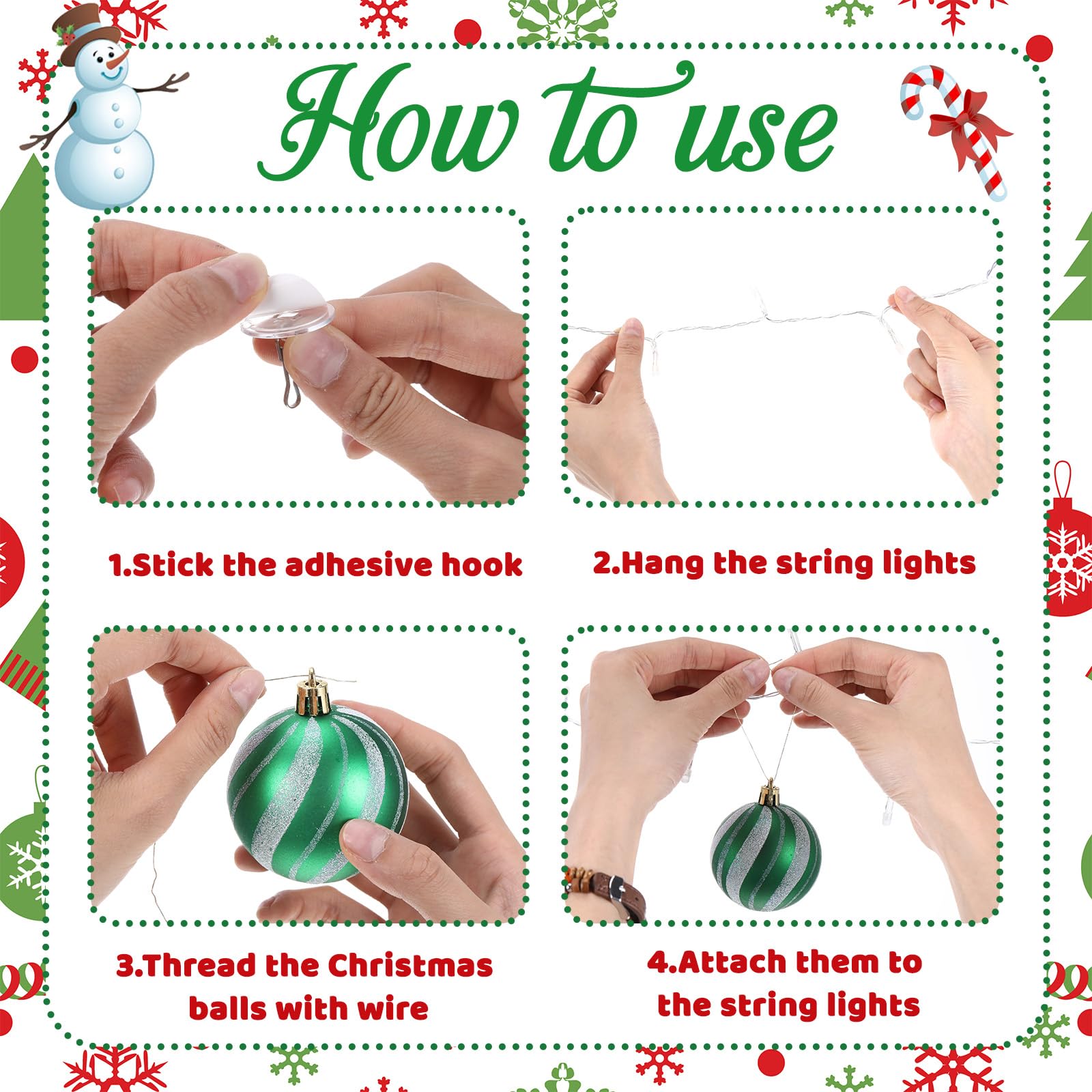 Soulchen Lot de 30 boules de Noël à suspendre au plafond avec guirlande lumineuse de 10 m avec 100 LED et crochets pour Noël, fête de vacances, intérieur ou extérieur, décoration de cour