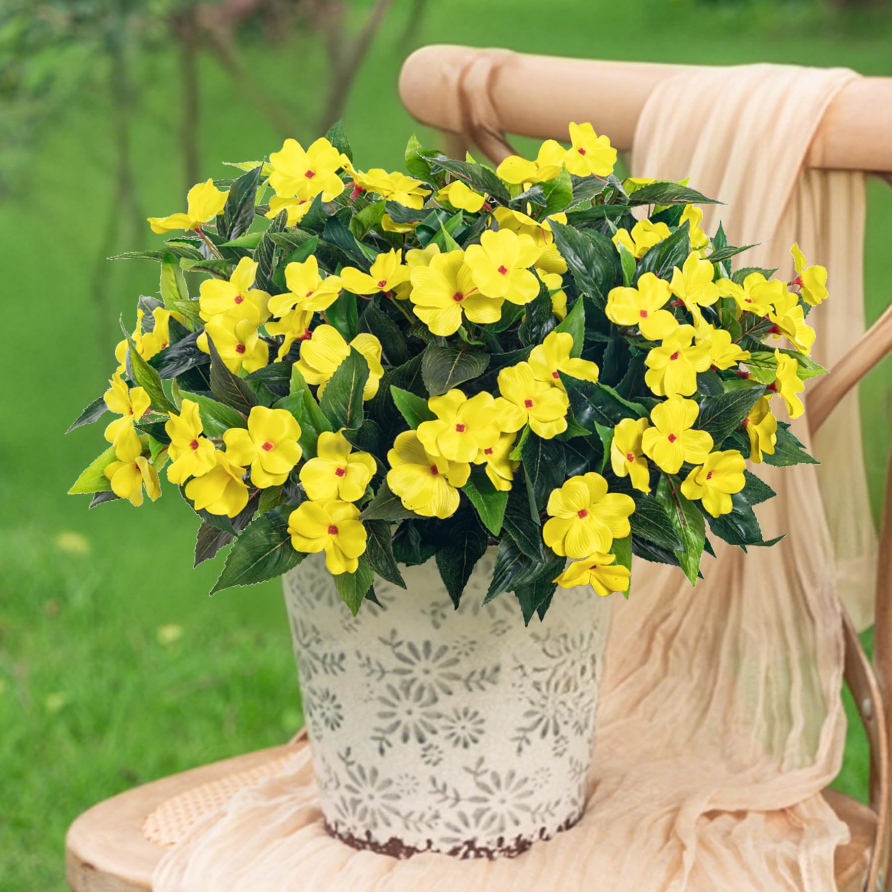 Uqueeten Fake Flowers Artificial Flowers for Outdoor，Artificial Impatiens Bouquet Flowers for Outdoors，Spring Flowers Artificial Impatiens Outdoor