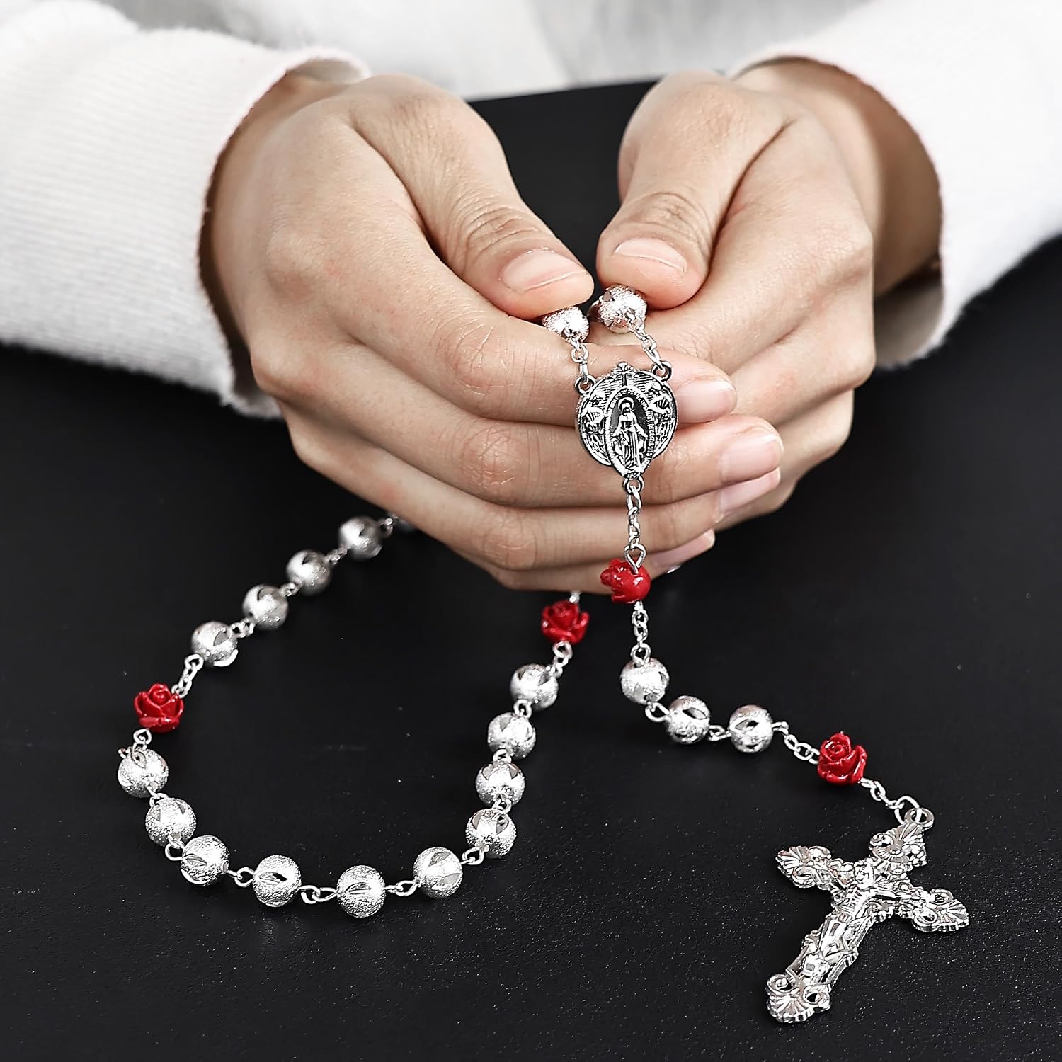 8mm Silver Plated Beads Catholic Rosary Necklace with Coral Rose Glory Beads in Virgin Mary PU Leather Bag for Women