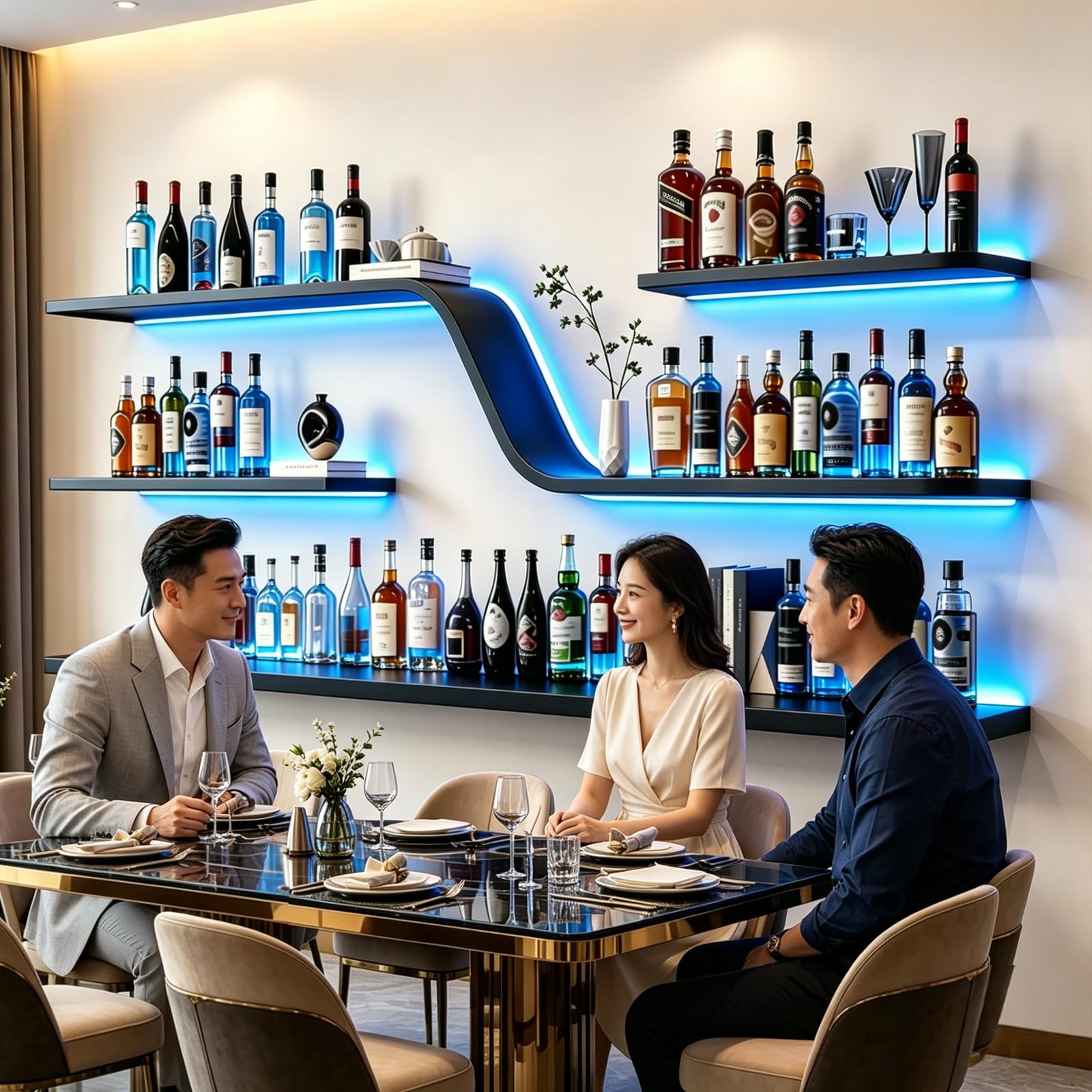 120cm Portabottiglie da parete con luci LED, espositore per bottiglie di liquori, mensole da bar in metallo a 3 ripiani, ideale per bar, caffetterie e ristoranti