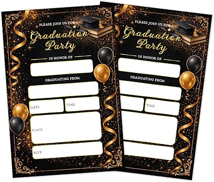 Graduation Party Invitations, Black And Gold Diploma & Balloons Graduation Invitations For High School College Graduate Celebration, 20 Invites Cards With 20 Envelopes, Grad Party Supplies Favors -J10