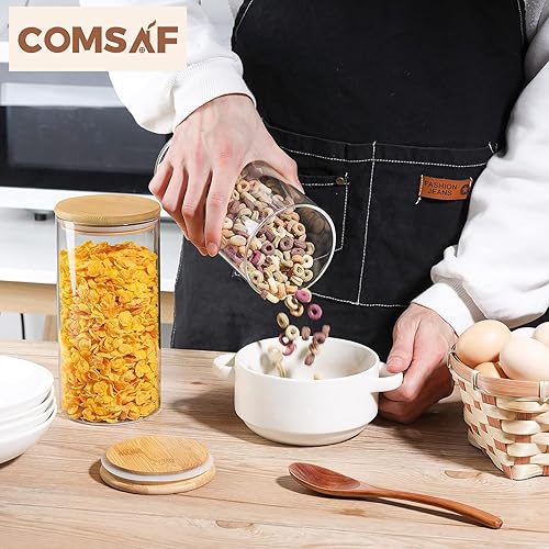 Miniatura 3 de ComSaf Recipiente hermético de almacenamiento de vidrio con tapa de madera (44 onzas), juego de 3 tarros de vidrio con tapas, recipiente
