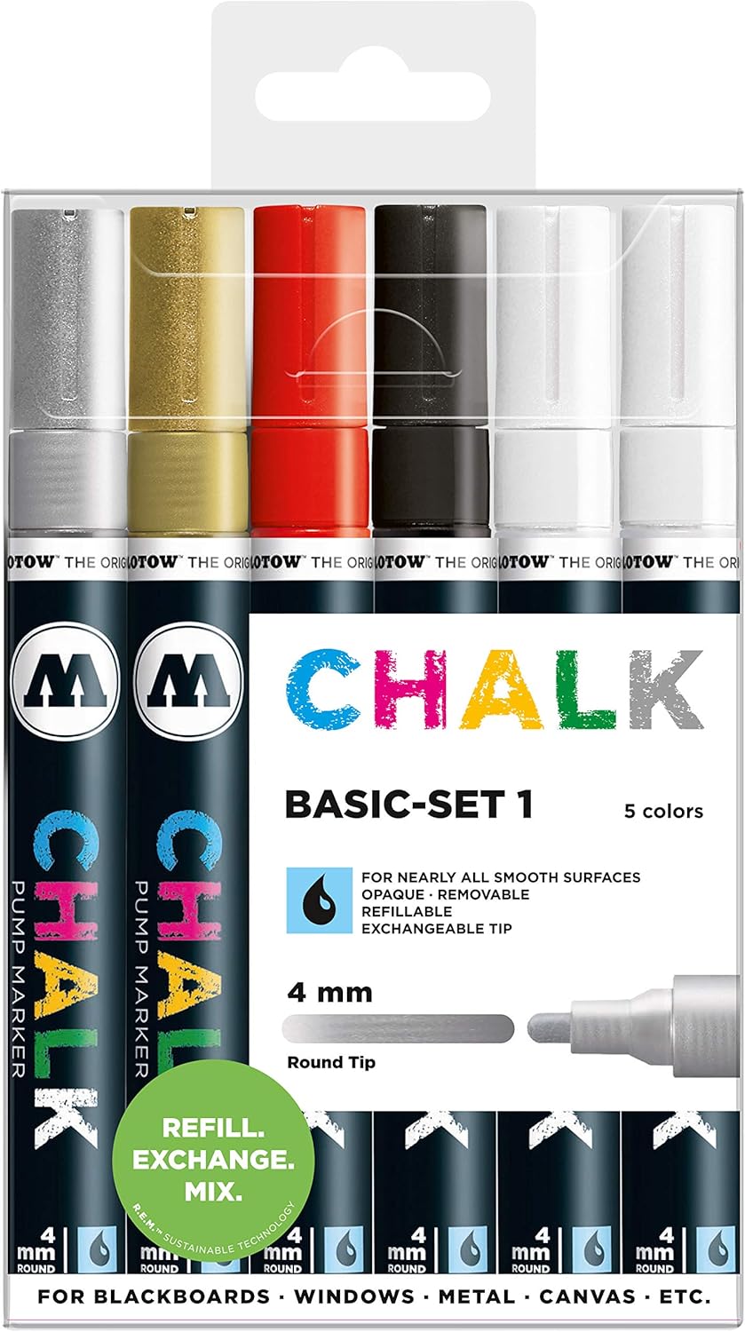 MOLOTOW Chalk Marker Basic Set, 4mm Nib, Assorted Colors, Set of 6 Markers, 1 Set Each (200.472)