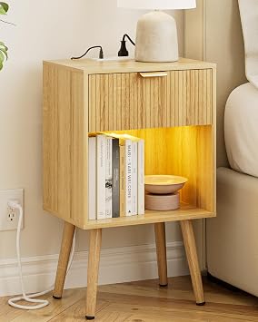 Fluted Nightstand with Charging Station, Modern End Table, Oak | Small Bedside Table with Storage Drawer and Wood Leg, Wooden Side Table with Open Shelf, Night Stand for Bedroom, Living Room