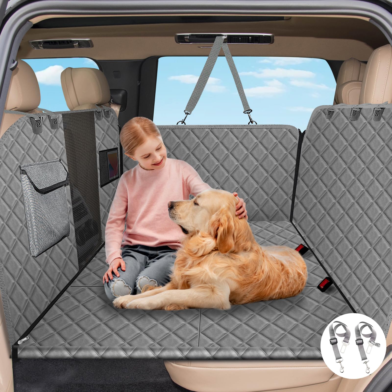 Vinstatin Coperta per cani per auto, con robusta tavola in legno duro, impermeabile, prevenzione delle cadute, sedile posteriore per cani, con cinture di sicurezza per tutte le auto, SUV