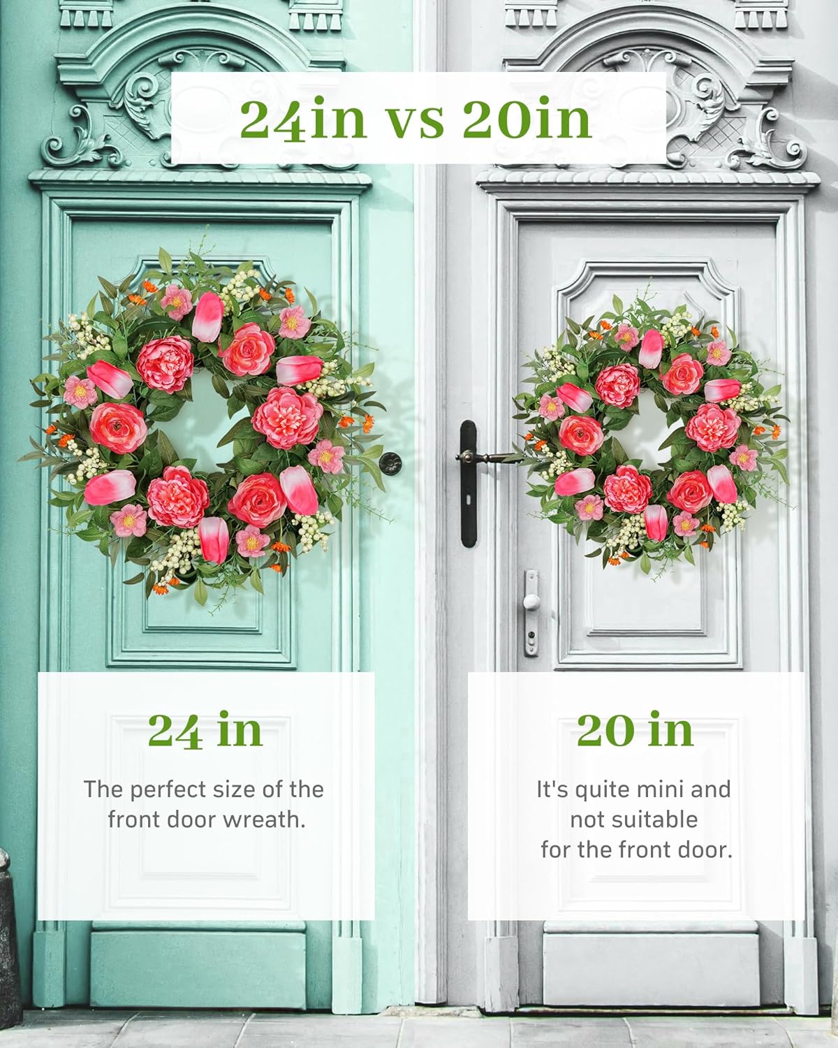 Vlorart 24 Inch Spring Summer Wreath Peony Wreath for Front Door with Pink Tulip, Eucalyptus Leaves, White Berries for Indoor Outdoor Wall Festival Home Farmhouse Wedding Decor