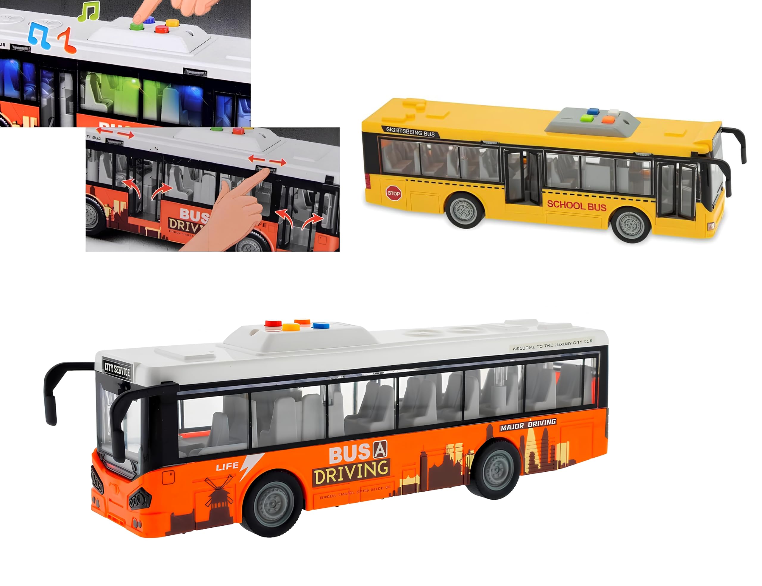 Bus Spielzeug Lichter und Sound Bus groß 28 cm Pullman Spielzeug für Kinder Lichter Geräusche Reibungsbewegung Türen öffnen Schule Buss Multifunktions Maßstab 1:16, verschiedene Farben zufällig