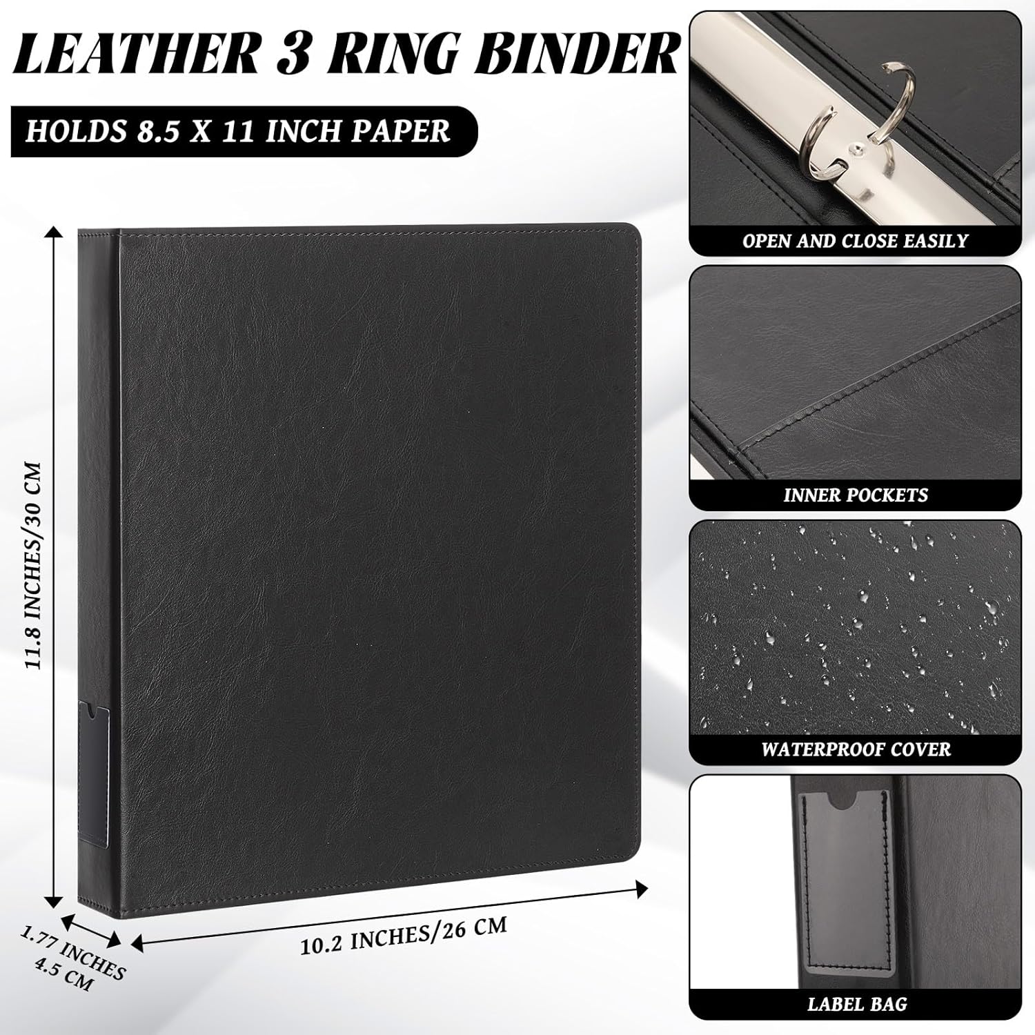 Fulmoon 6 Pcs Leather 3 Ring Binder, 1.5 Inch Vintage Hardback Round Ring Binder with 2 Inner Pockets & Spine Label Holder, Letter Size Professional Executive Portfolio for Office Home School(Black)