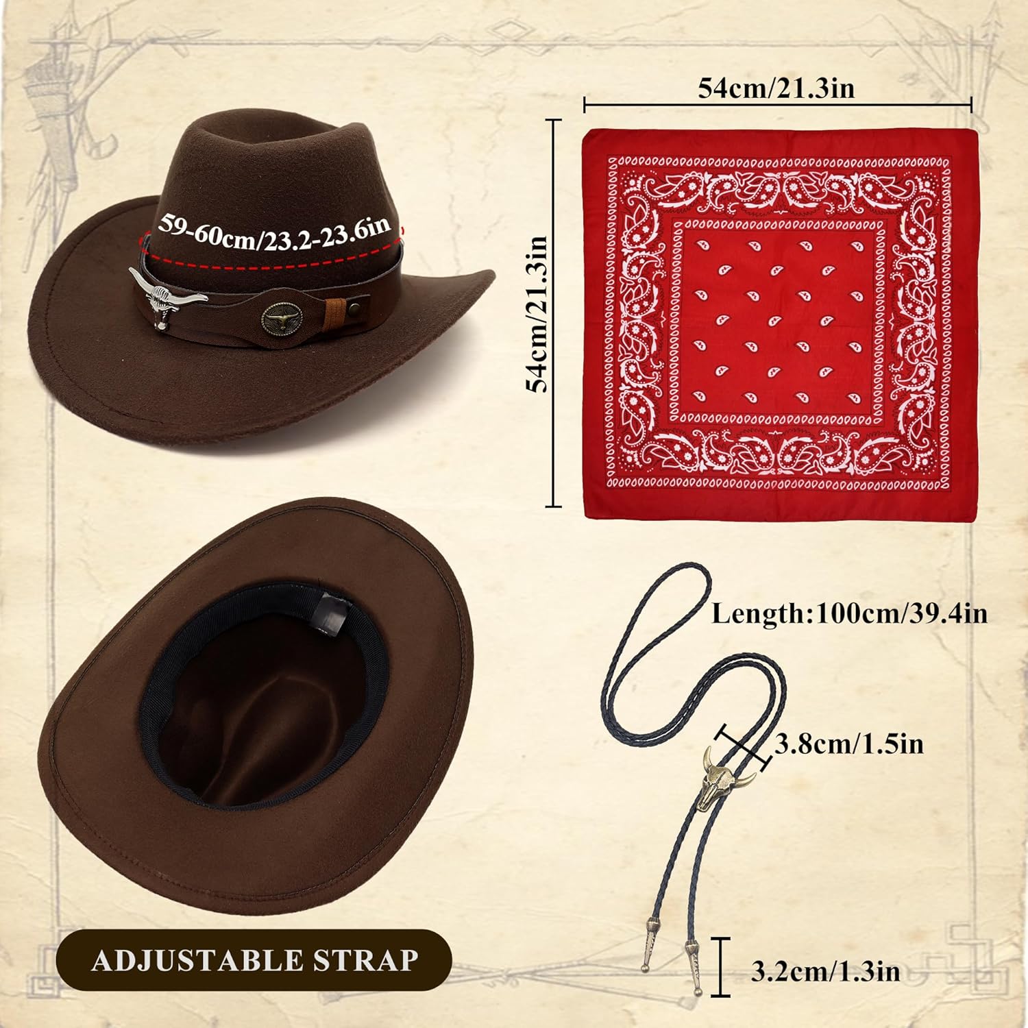 JoeRita Cowboy Costume Men Western Outfit Tasseled Vest Hat Bandana Necklace Halloween Cosplay Party Accessories Set (Brown, XL)