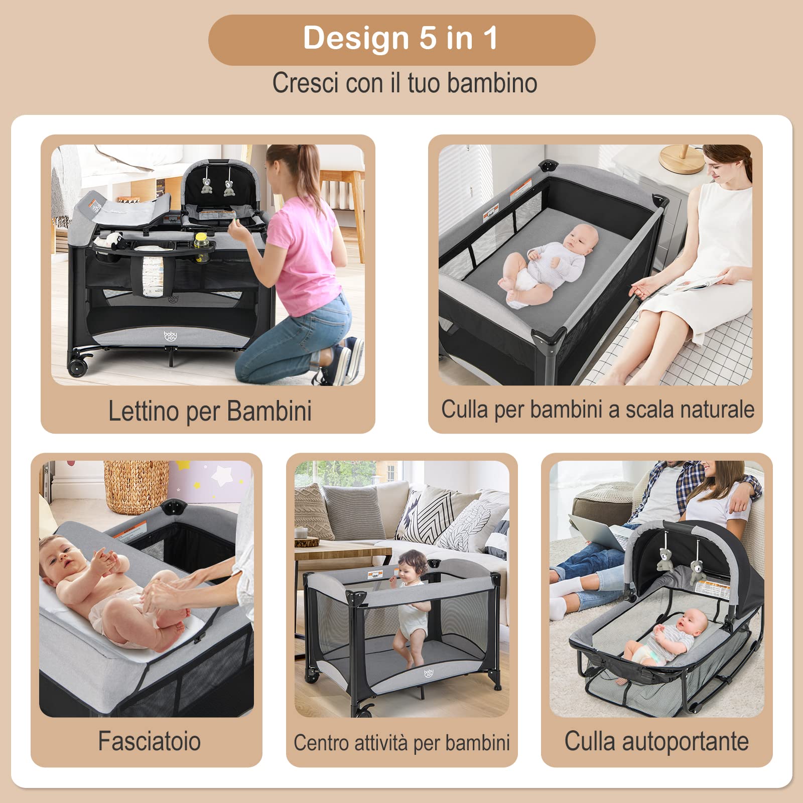 COSTWAY Lettino da Campeggio con Materasso, Lettino Pieghevole per Bambini con Fasciatoio, Culla da Viaggio con Ruote, Giocattolo, Lettino Bambini Staccabile, per Bambini 0-36 Mesi (Nero)
