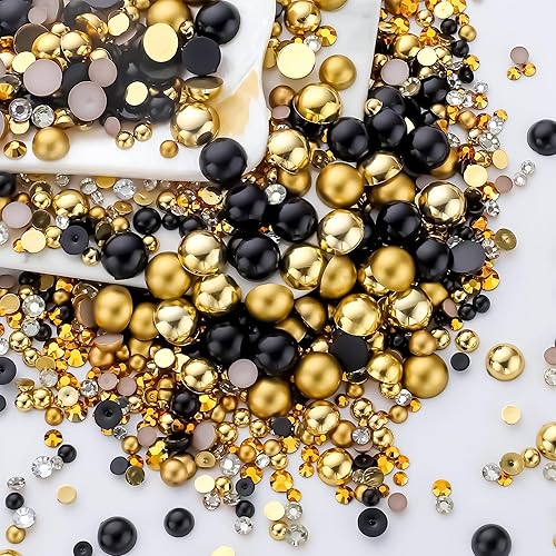 Diamantes de imitación de perlas de 5.64 oz con parte trasera plana y color negro dorado para manualidades, tamaño mixto de 0.11 a 0.39 pulgadas,