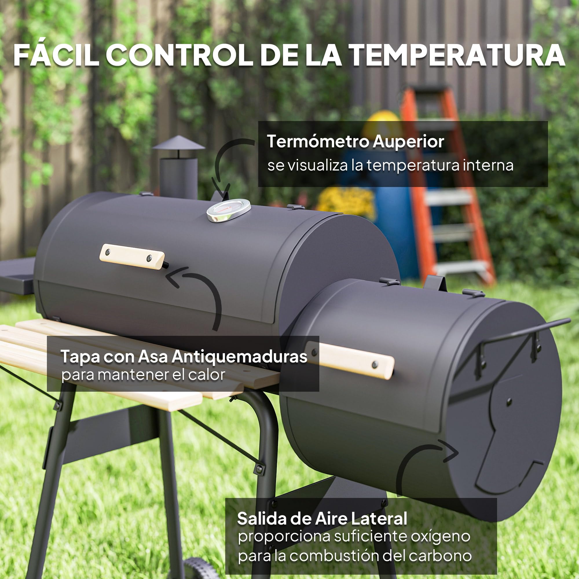 Outsunny Barbacoa de Carbón 3 en 1 Ahumador Parilla de Carbón Barbacoa de BBQ 124x53x104 cm con Termómetro y Ruedas Estantes de Madera Picnic Acampada al Aire Libre
