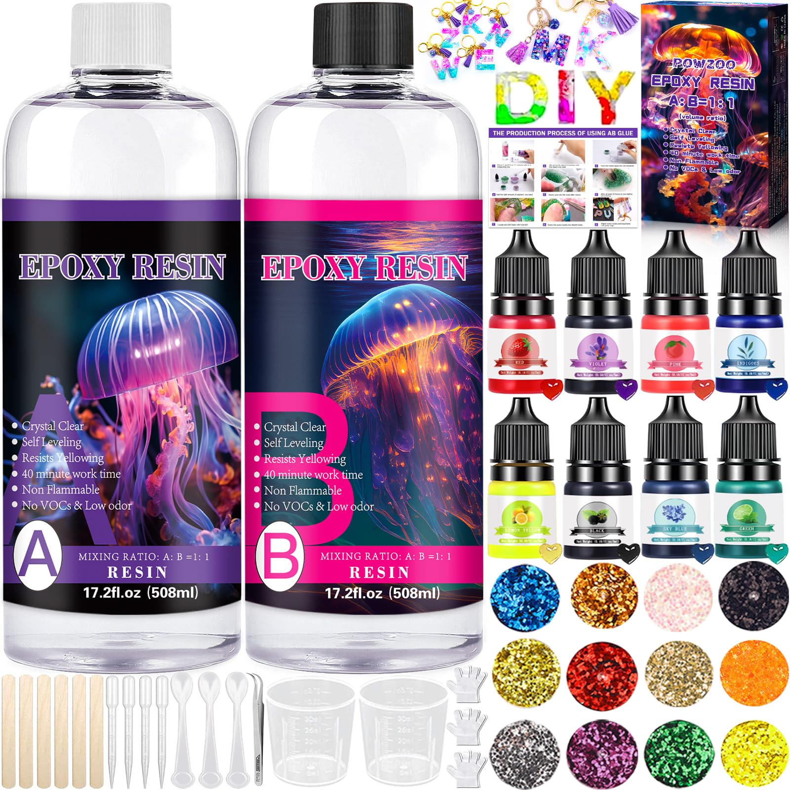 POWZOO Resina Epossidica con Di indurente 1016 ml, Epossidica Trasparente Kit Rapporto 1:1 Starter Kit,con Pigmenti,Glitter,Guanti,Misurini, ecc.