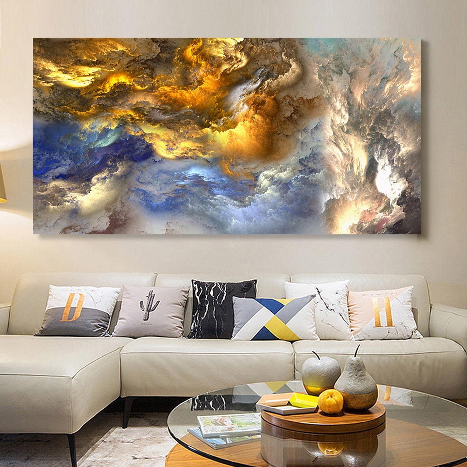 UIRINGART Abstract Landscape Canvas Painting Abstract Fluid Art Blue And Orange Gradient Clouds Modern Printing Wall Art For Living Room Decor 75x145cm Inner Frame