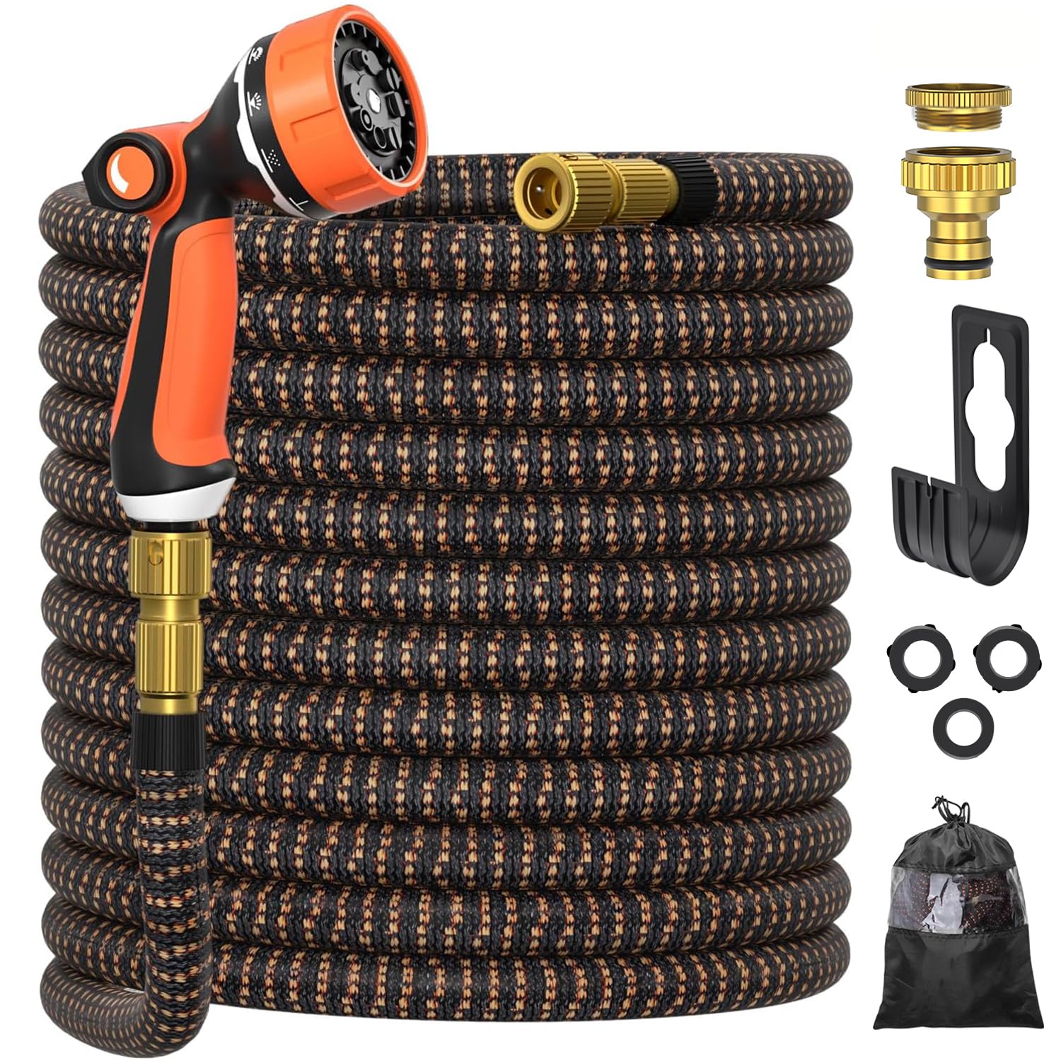 Tuyau d'arrosage 30m, ULTTY Tuyau d’arrosage Extensible avec 1/2" et 3/4" (19mm et 13mm) Adaptateurs, 10 Modes d'Arrosage, Latex Triple Épaisseur Durable avec Raccords en Laiton et Sac, Orange