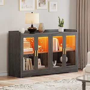 DWVO 55'' Sideboard Buffet Cabinet with LED Light, Coffee Bar Cabinet with 4 Doors & Adjustable Shelves for Kitchen, Dining Room, Living Room, Charcoal Grey