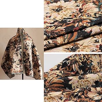 Amazon | 花柄 ジャガード 生地 黒い花ヴィンテージインクウォッシュ