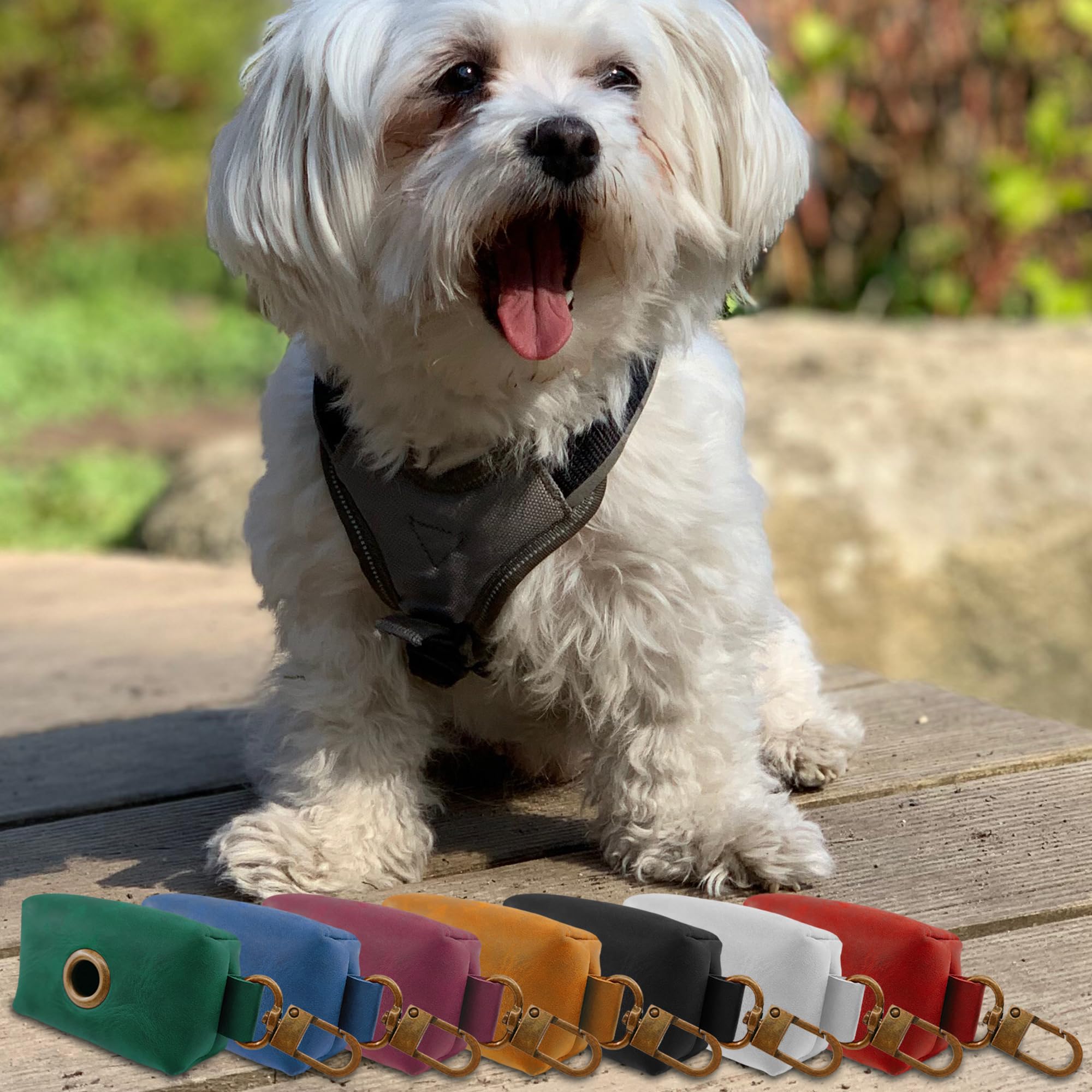 HIFA Soporte de piel auténtica para bolsas de excrementos de perro, soportes para bolsas de excrementos para correas, cuero rústico suave al tacto, clips de metal y fácil acceso a bolsas de basura de