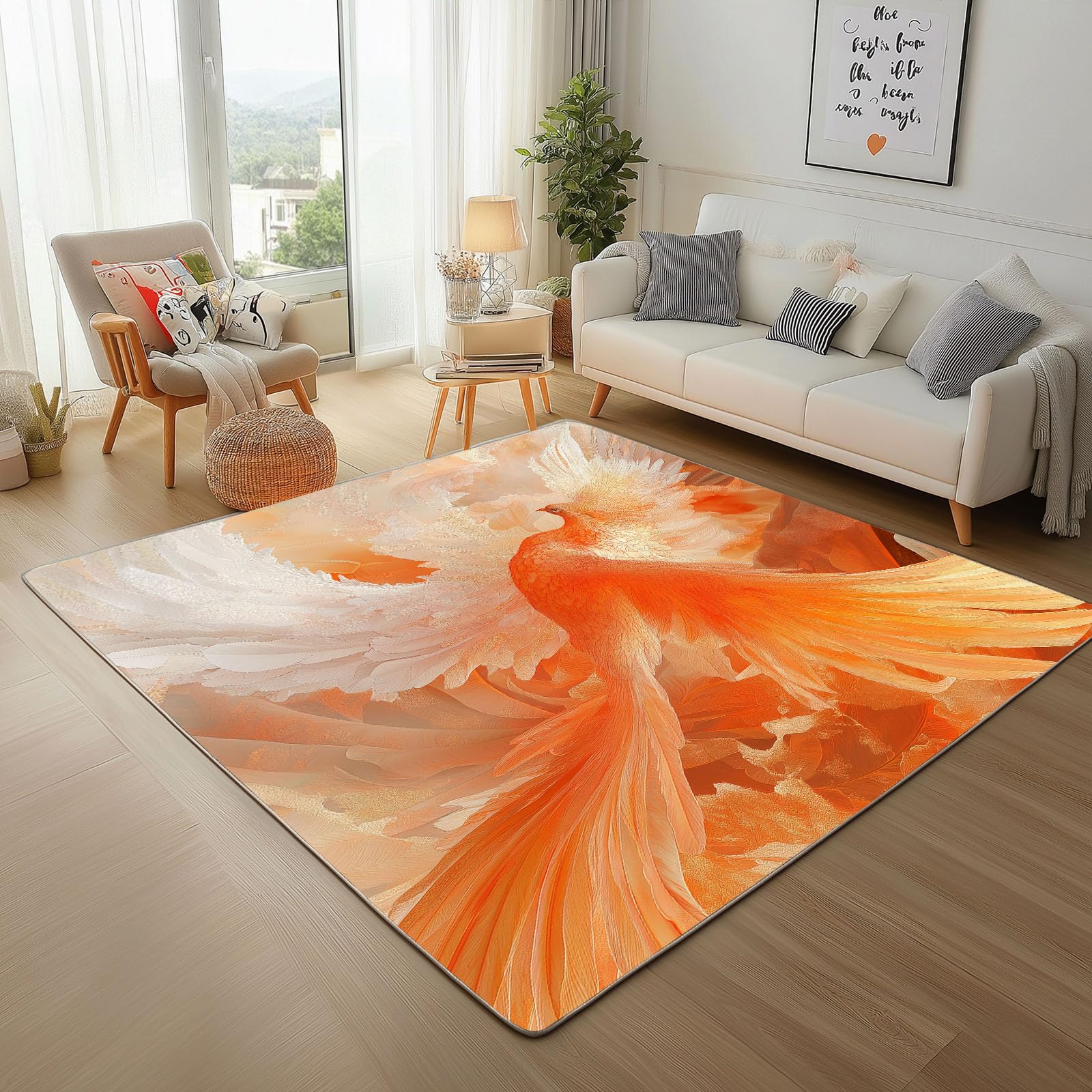 Luxuriöse Tiere Phönix Orange Teppich Wohnzimmer 160x230cm rutschfest Kurzflor Schlafzimmer Teppich Waschbar Bemaltes Tiere Phönix Bettvorleger Teppiche für Büro Bereich Dekor Teppisch