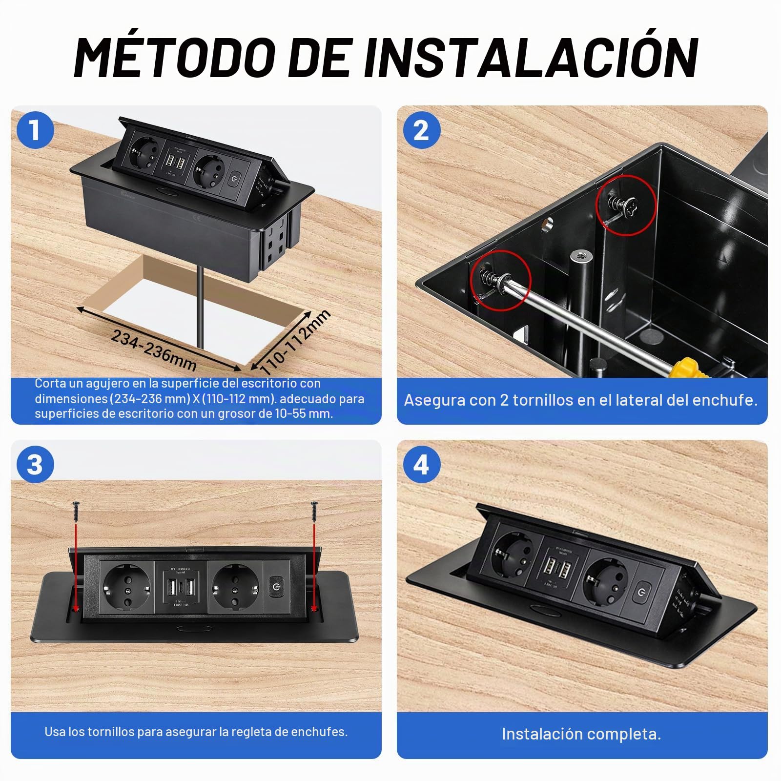 CPROSP Regleta Empotrable de Mesa con 2 Enchufes y 3 USB (2A+1C)