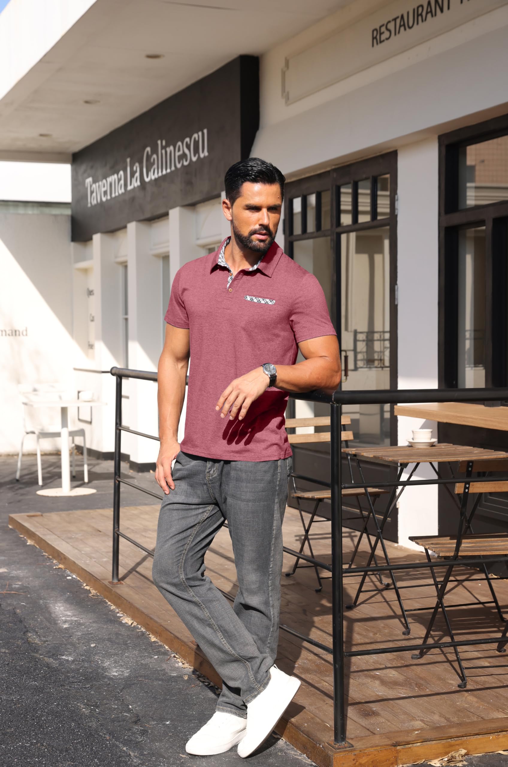 Hisir Poloshirt Herren Kurzarm Baumwolle Stretch Polo Hemd mit Kariertem Kragen & Brusttaschendetail Sommer Casual T-Shirt für Männer Business Freizeit & Golf