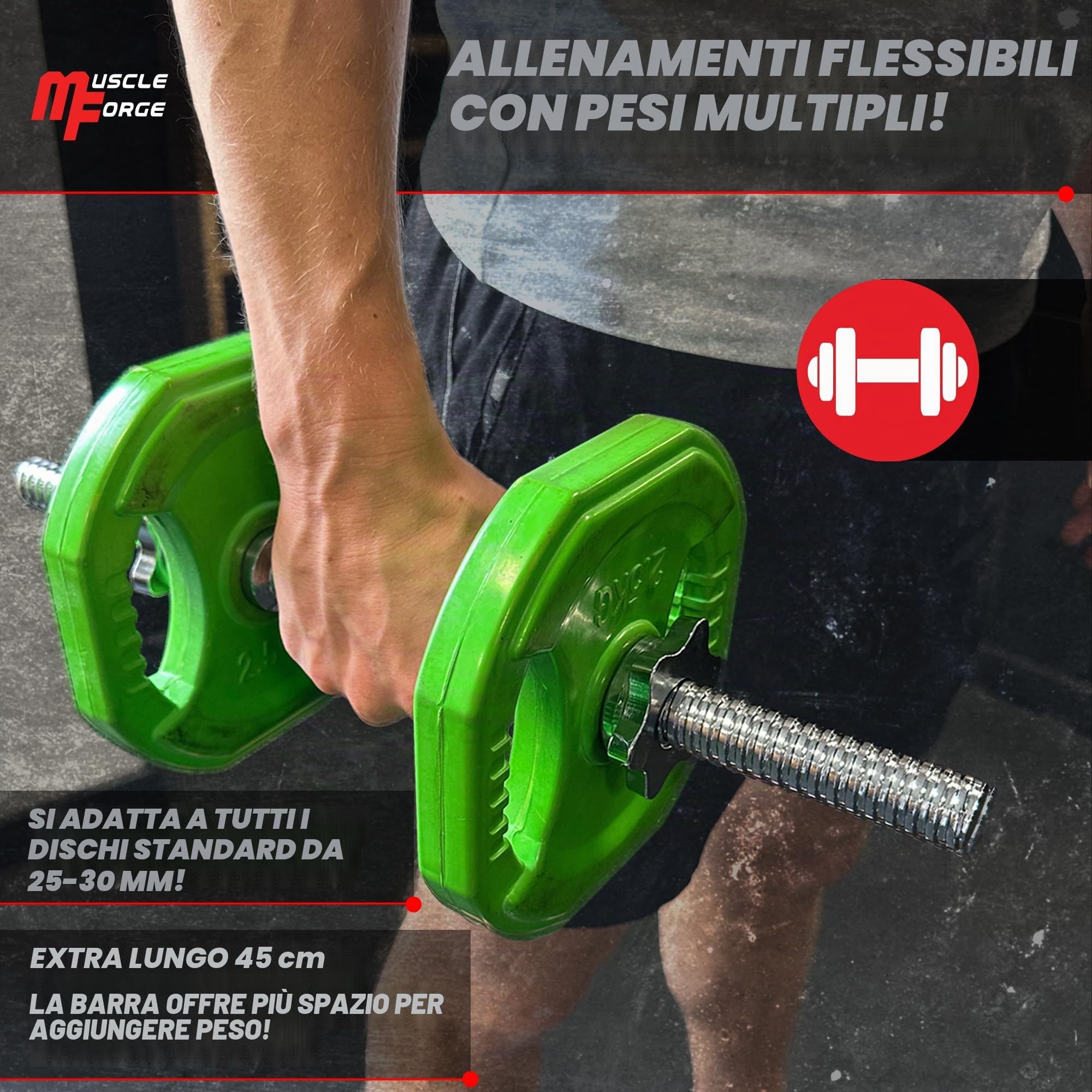 Manubri Palestra 45cm Acciaio Cromato – Extra Lungo, Filettata, 2 Collari Inclusi Compatibile Piastre Foro 25-28 mm – Grip Zigrinato Antiscivolo, Carico Esteso, Uso Domestico
