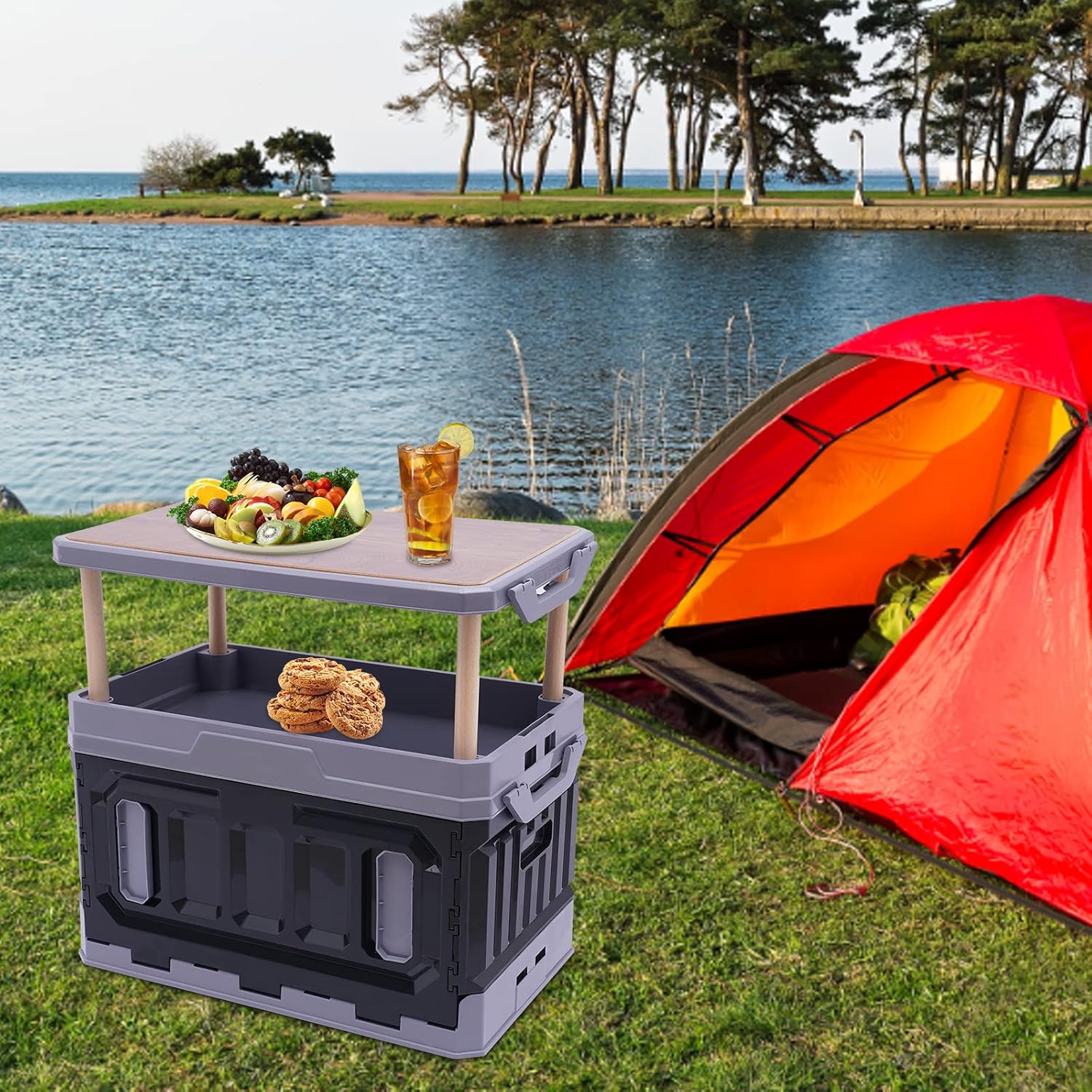 Storage Box, 3 Layers Raised 95 L Folding Table, Portable Foldable Stackable Food Container Box, Picnic Camping Outdoor BBQ Organizer Bins, Black&Grey